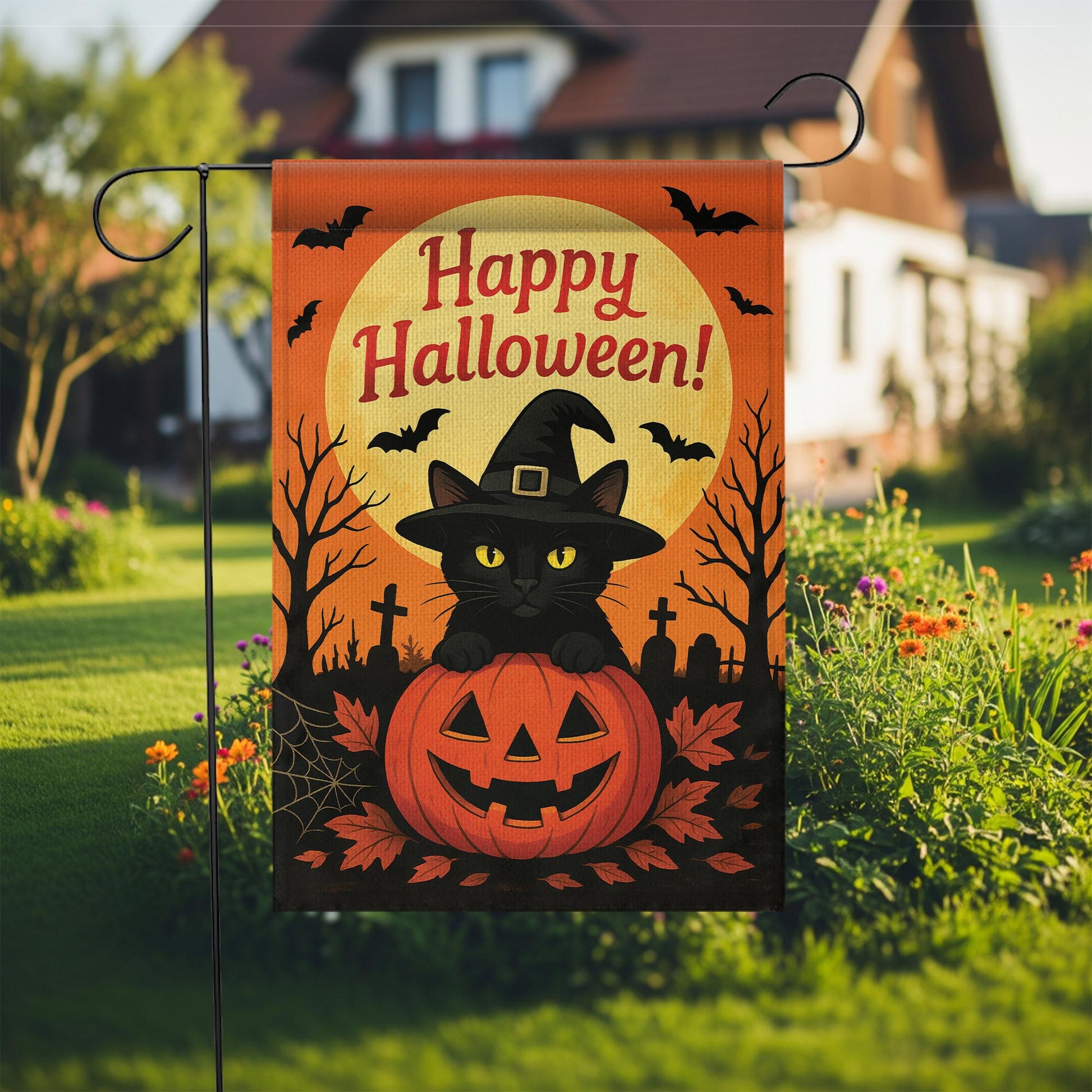 Happy Halloween Garden Flag: Black Cat Pumpkin Yard Decor