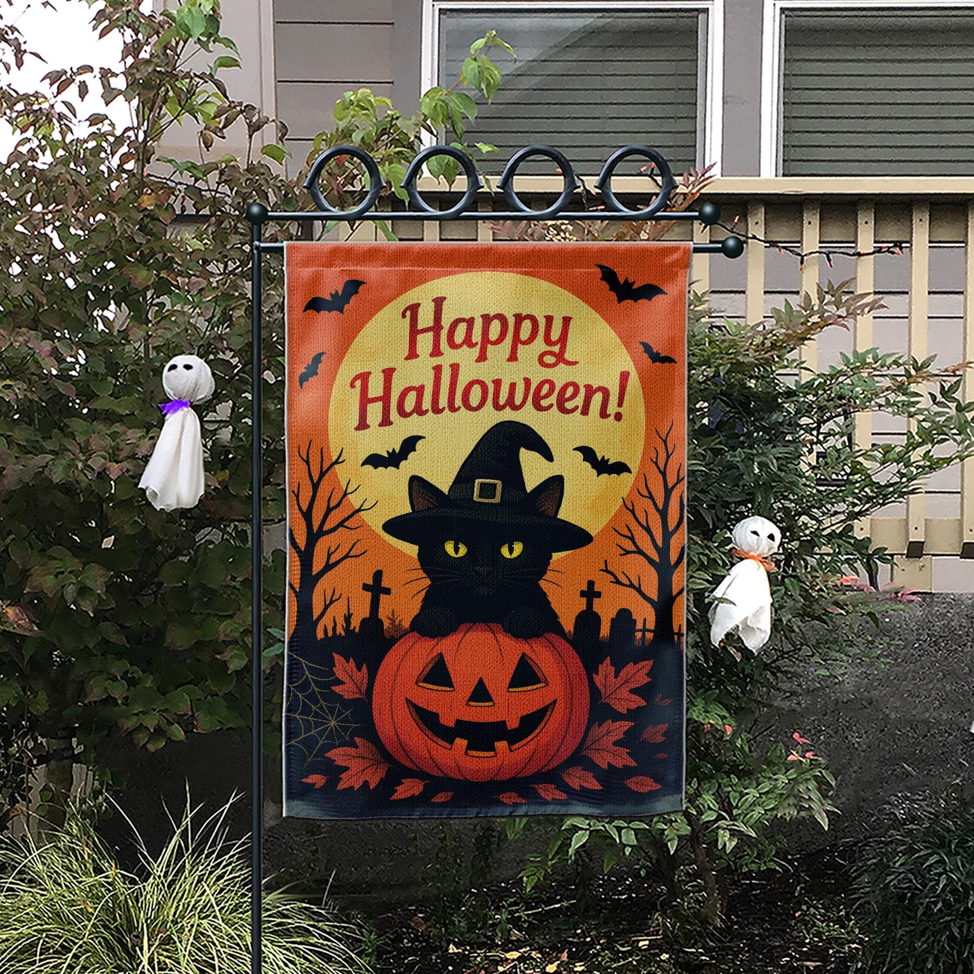 Happy Halloween Garden Flag: Black Cat Pumpkin Yard Decor
