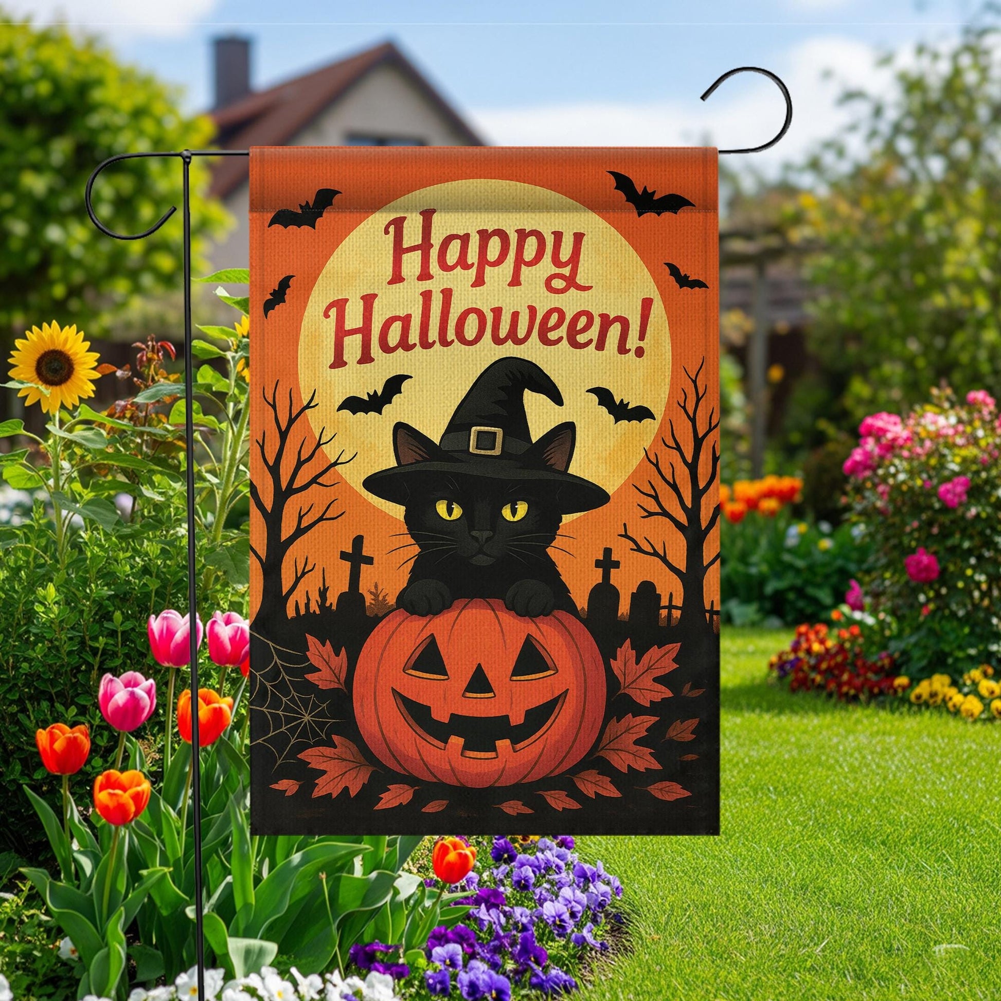 Happy Halloween Garden Flag: Black Cat Pumpkin Yard Decor