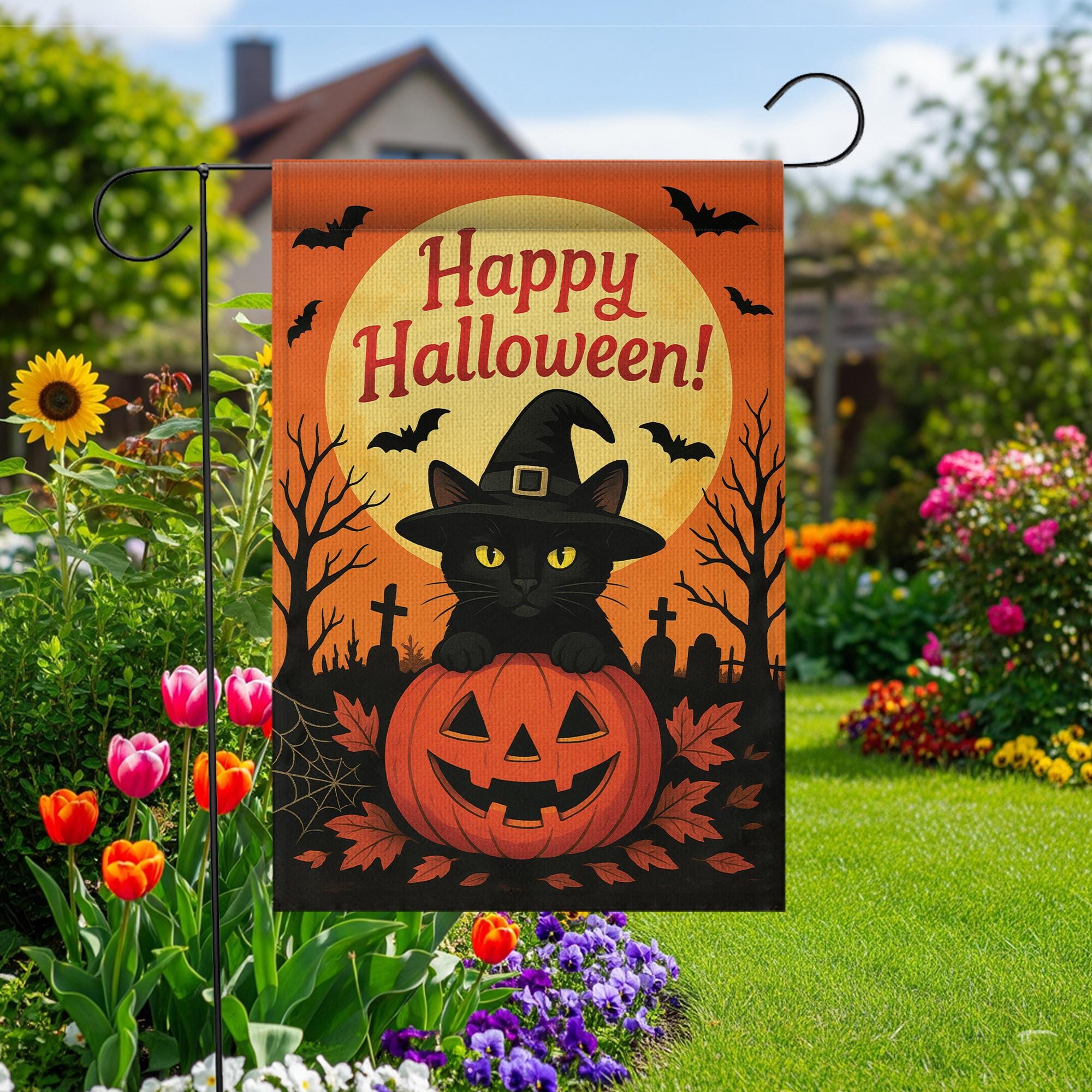 Happy Halloween Garden Flag: Black Cat Pumpkin Yard Decor