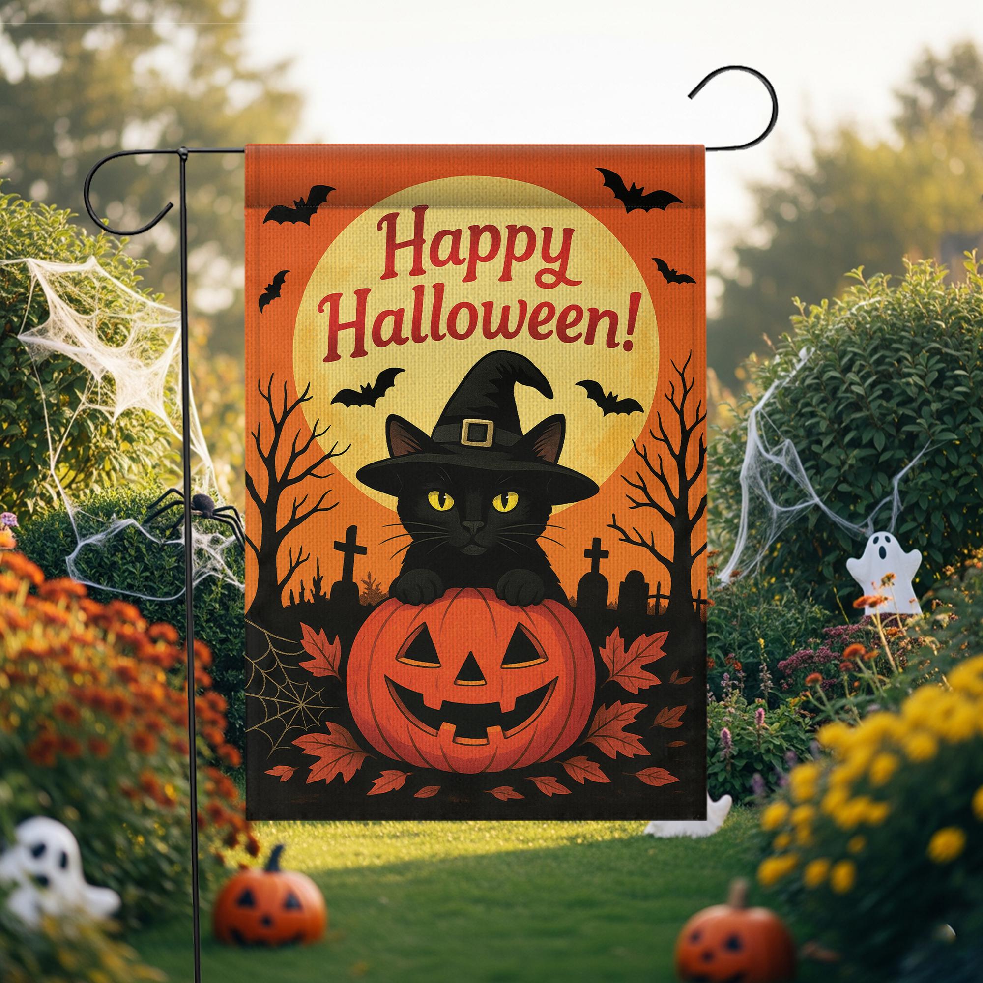 Happy Halloween Garden Flag: Black Cat Pumpkin Yard Decor