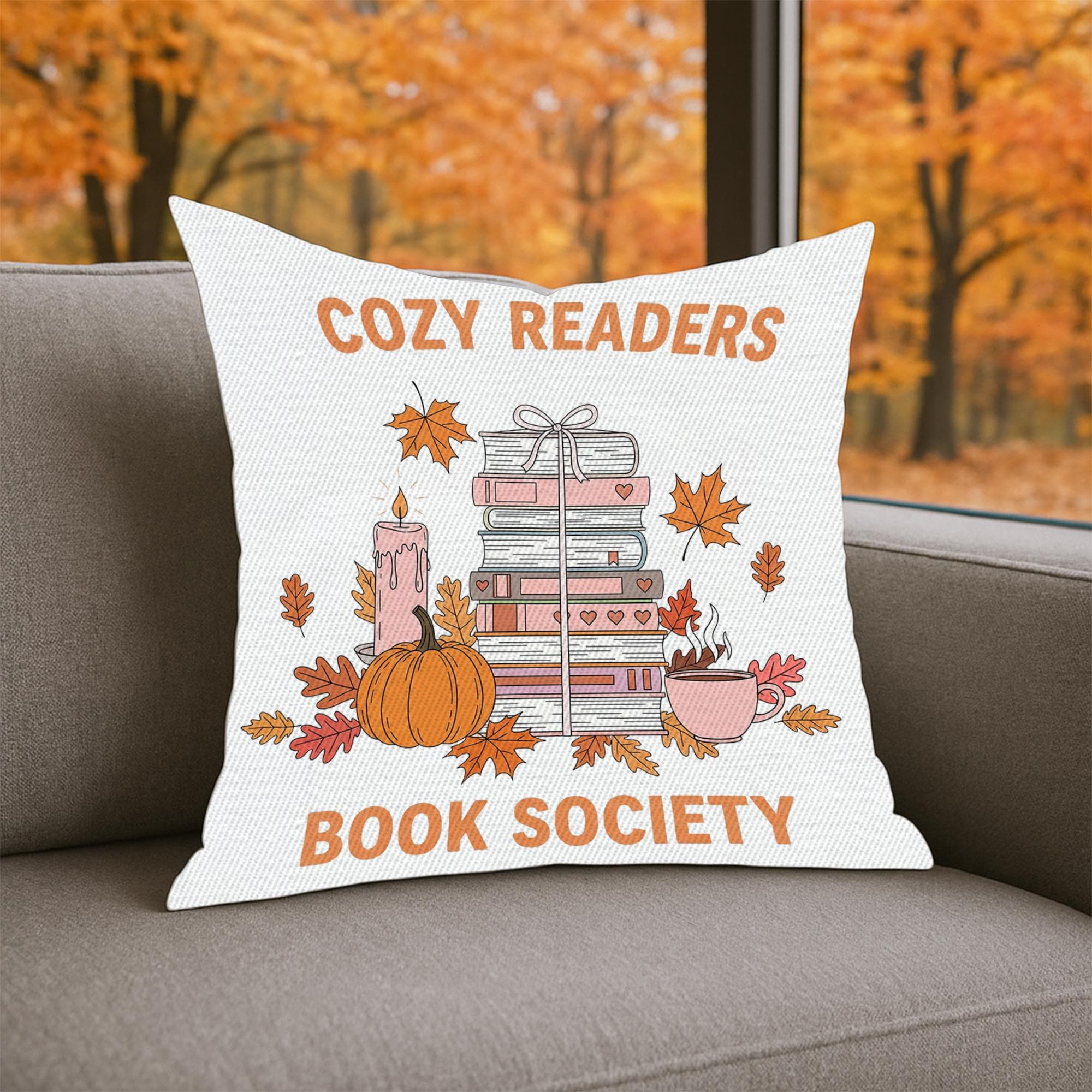 Book Lover Throw Pillow: Cozy Readers Society - Fall Autumn Decor