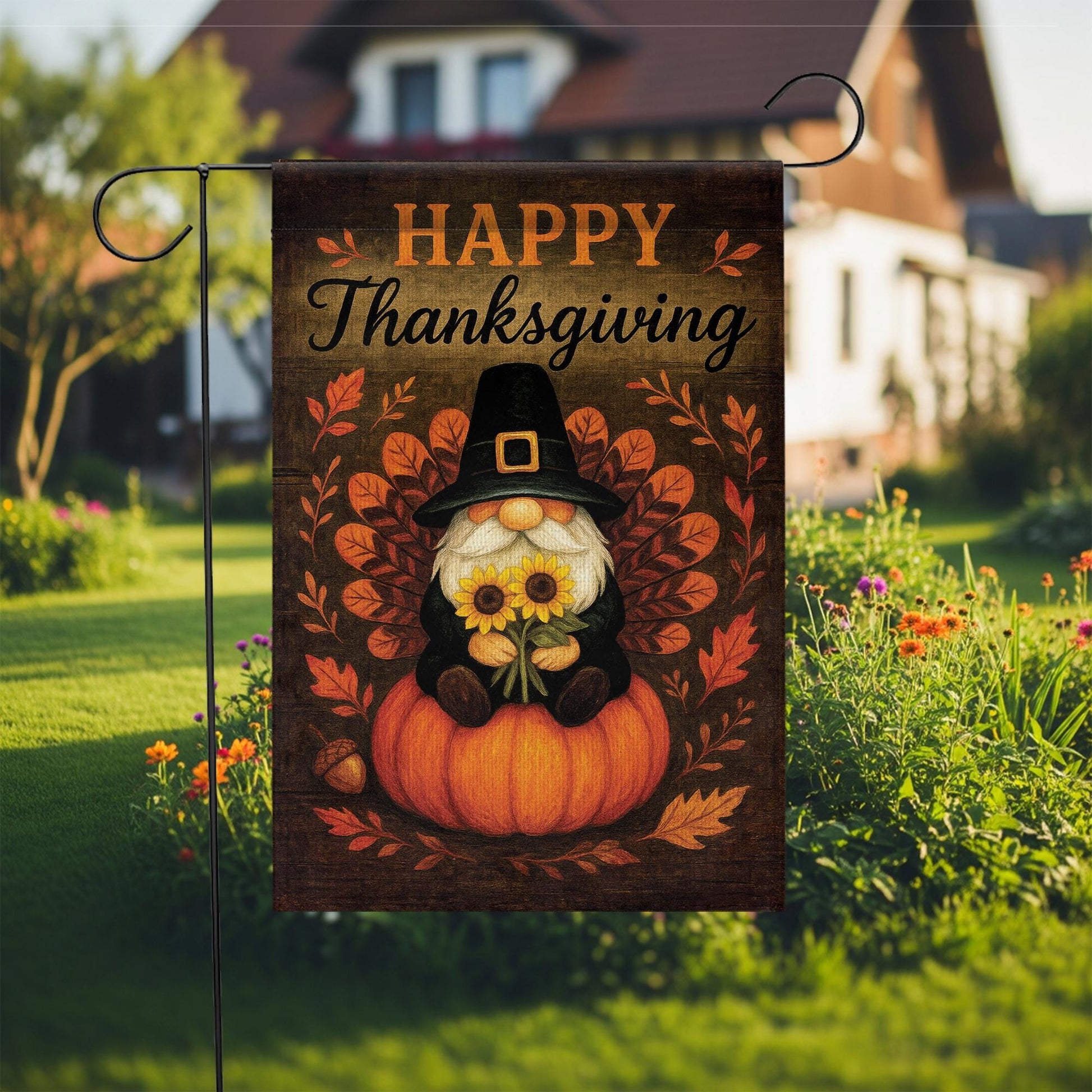 Happy Thanksgiving Garden Flag: Autumn Gnome Pumpkin Outdoor Flag