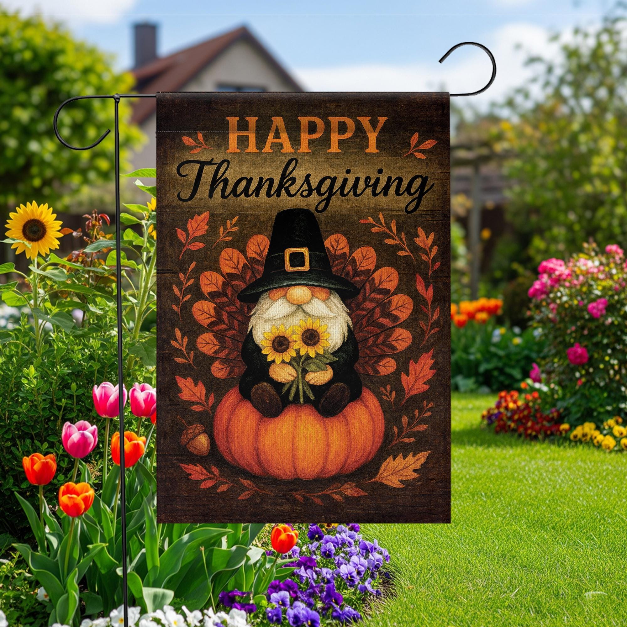 Happy Thanksgiving Garden Flag: Autumn Gnome Pumpkin Outdoor Flag
