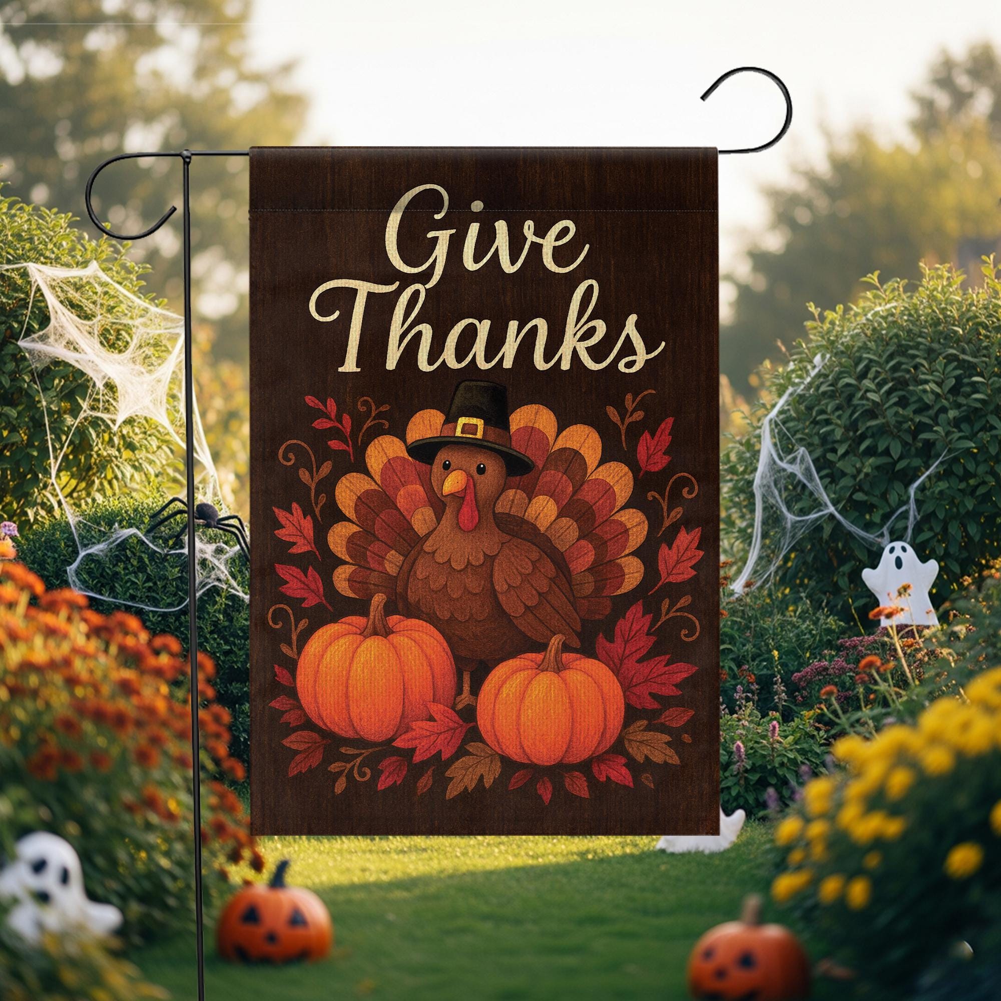 Give Thanks Garden Flag: Thanksgiving Turkey Pumpkins Yard Decor