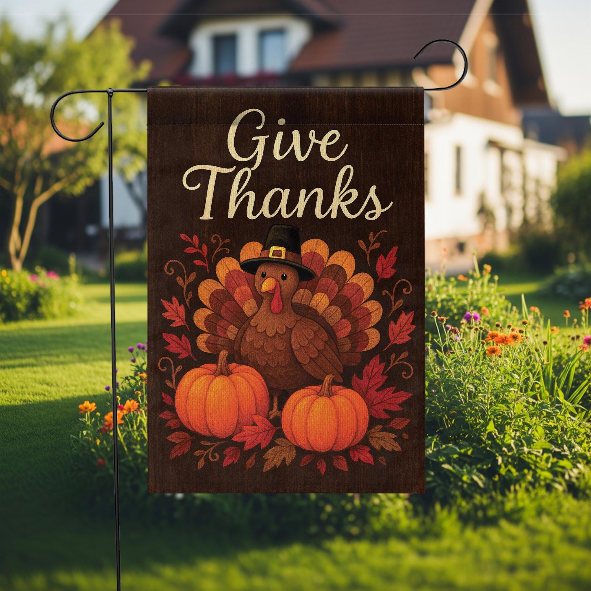 Give Thanks Garden Flag: Thanksgiving Turkey Pumpkins Yard Decor