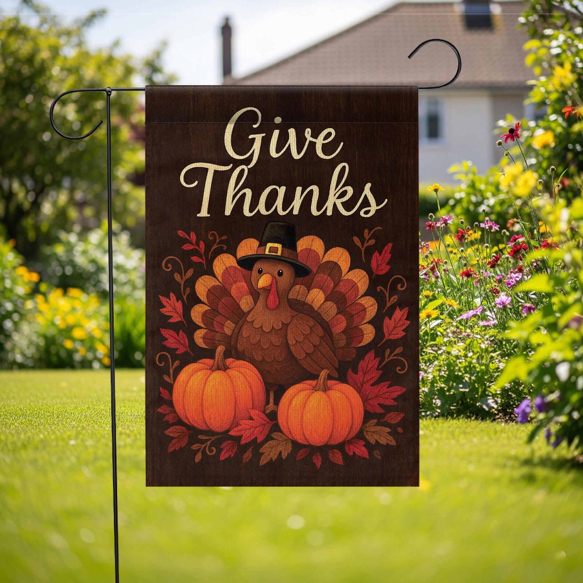 Give Thanks Garden Flag: Thanksgiving Turkey Pumpkins Yard Decor