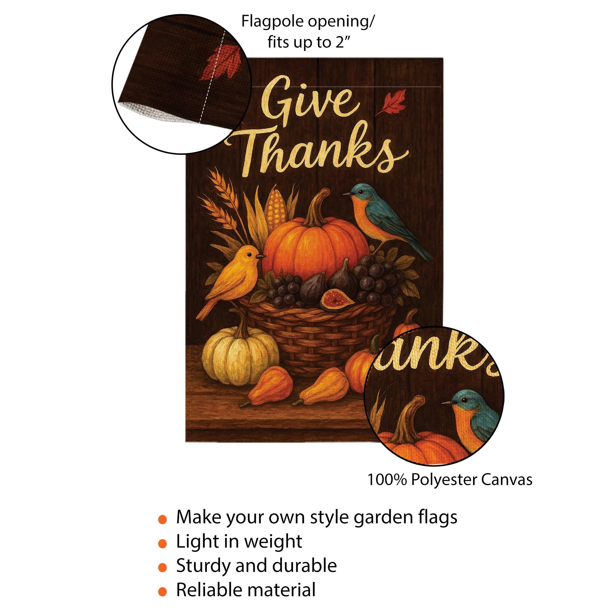 Give Thanks Garden Flag: Rustic Autumn Harvest Pumpkins & Birds Yard Decor