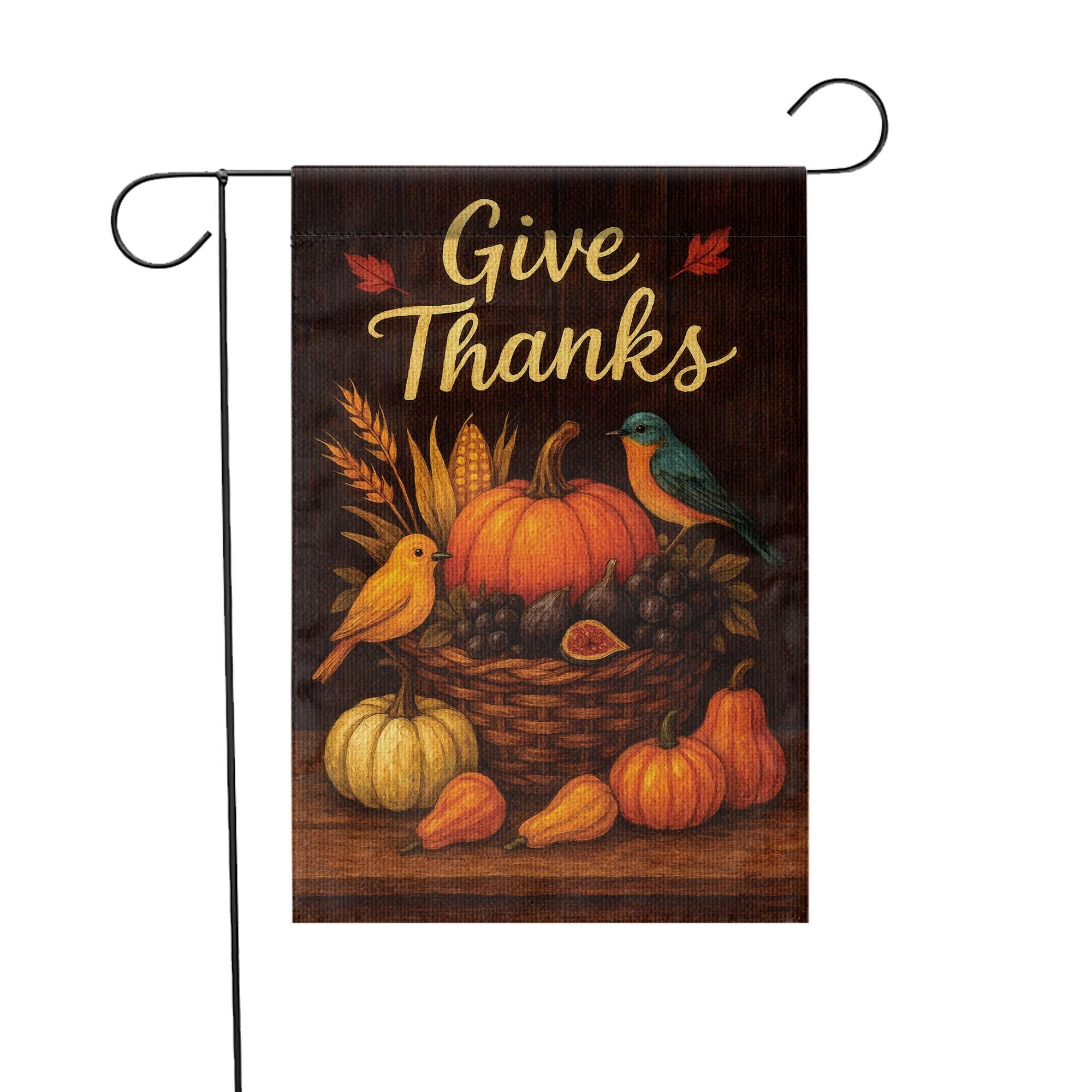 Give Thanks Garden Flag: Rustic Autumn Harvest Pumpkins & Birds Yard Decor