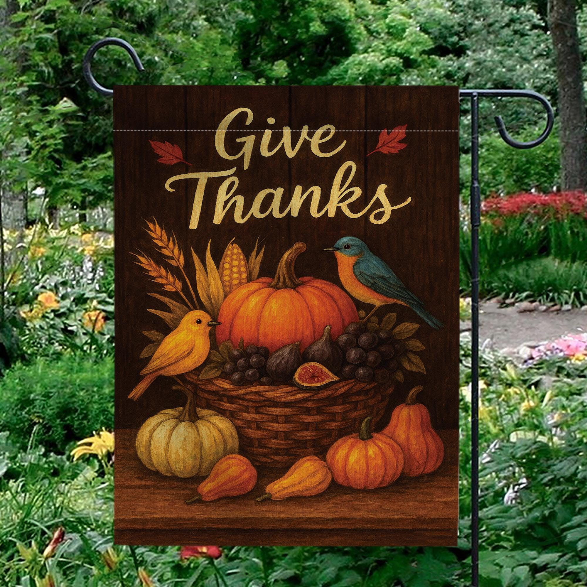 Give Thanks Garden Flag: Rustic Autumn Harvest Pumpkins & Birds Yard Decor