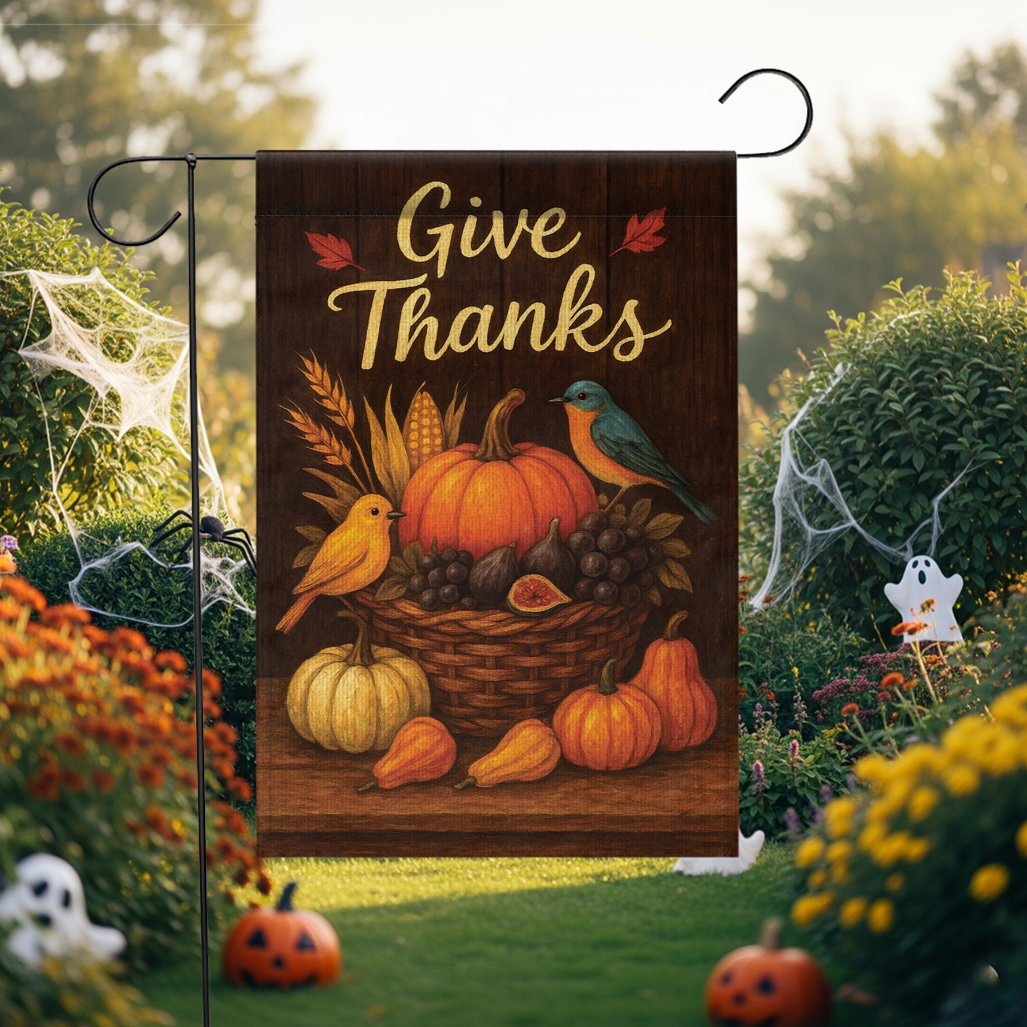 Give Thanks Garden Flag: Rustic Autumn Harvest Pumpkins & Birds Yard Decor