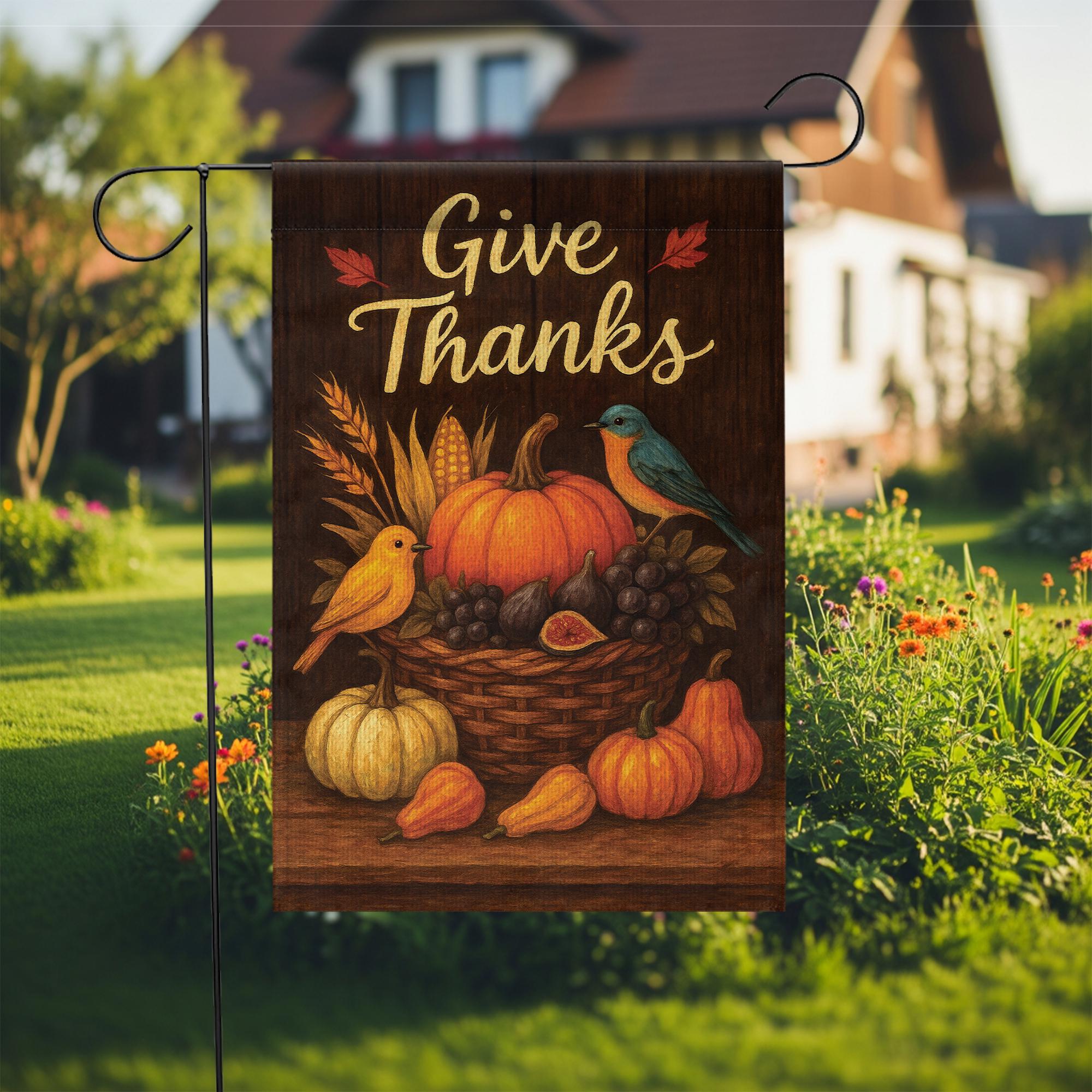 Give Thanks Garden Flag: Rustic Autumn Harvest Pumpkins & Birds Yard Decor