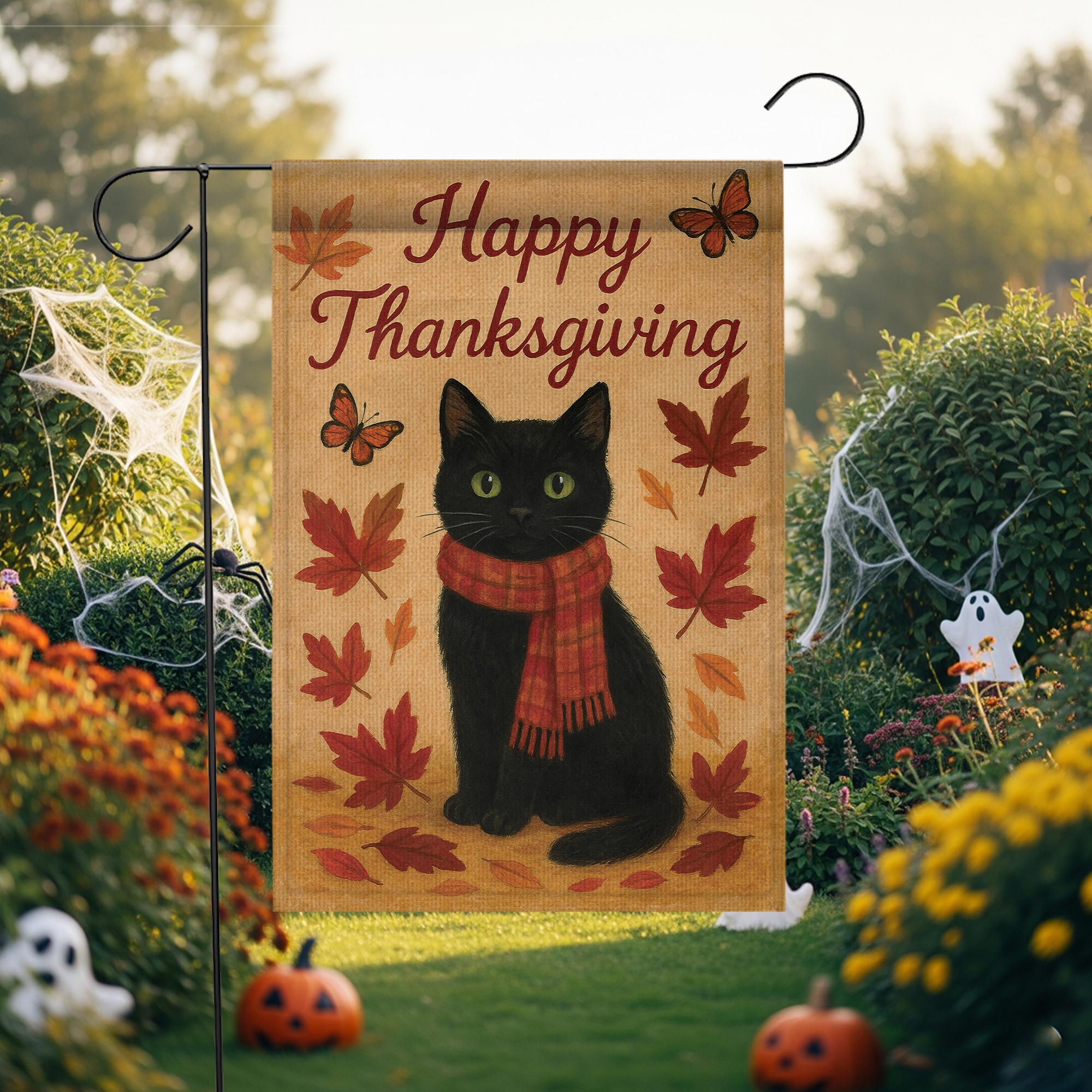 Happy Thanksgiving Cat Flag: Autumn Black Cat Yard Decor