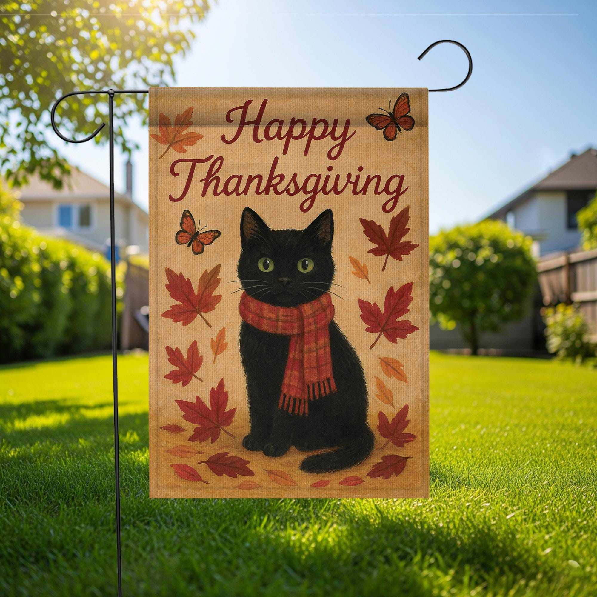 Happy Thanksgiving Cat Flag: Autumn Black Cat Yard Decor