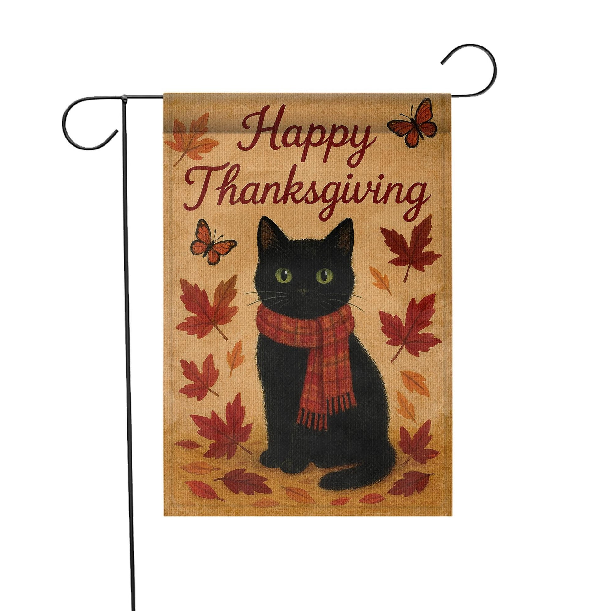 Happy Thanksgiving Cat Flag: Autumn Black Cat Yard Decor