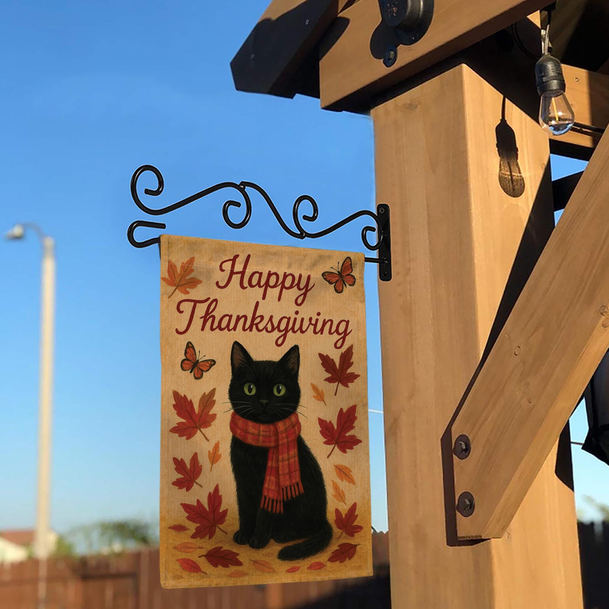Happy Thanksgiving Cat Flag: Autumn Black Cat Yard Decor