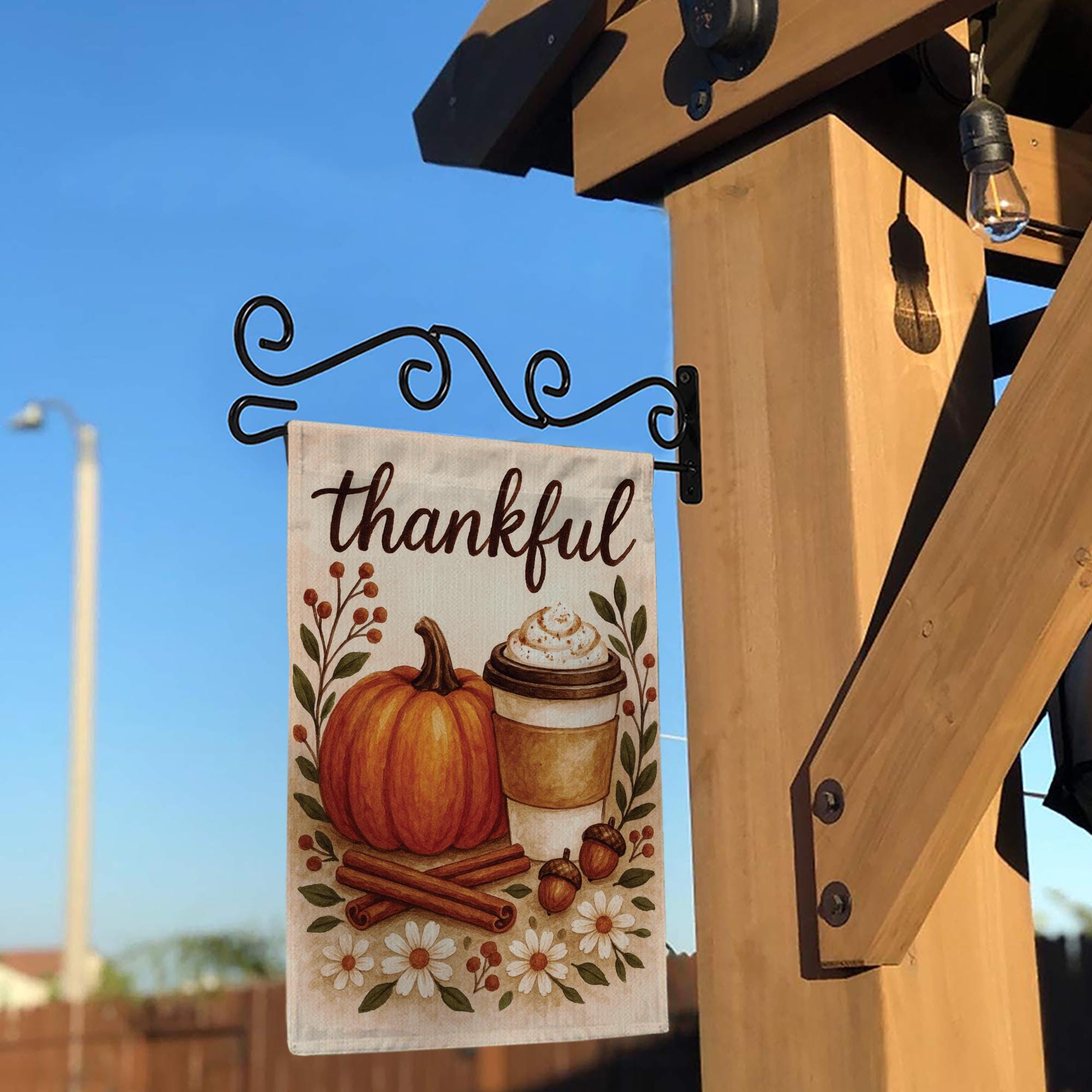 Thankful Autumn Pumpkin Latte Flag: Thanksgiving Outdoor Porch Flag