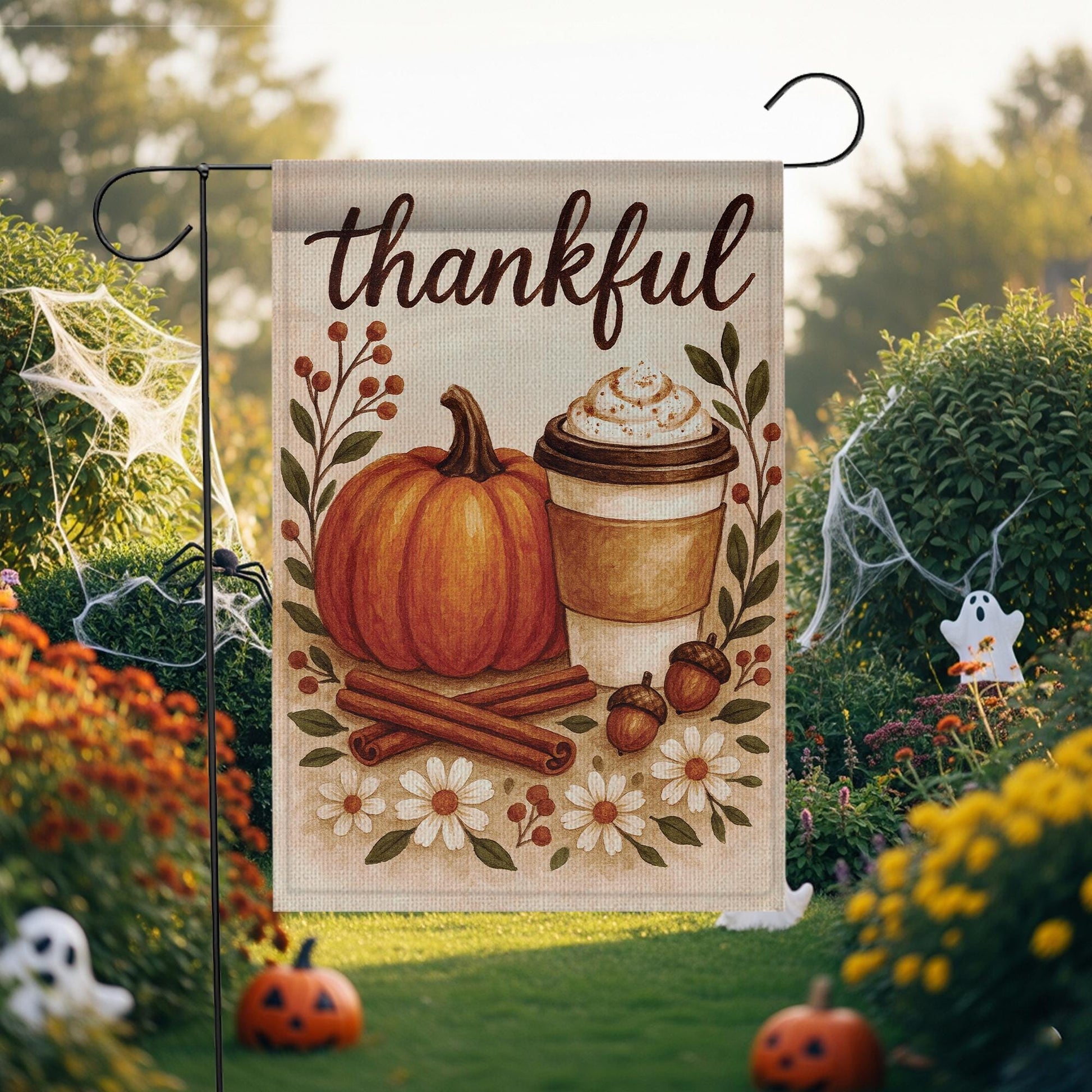 Thankful Autumn Pumpkin Latte Flag: Thanksgiving Outdoor Porch Flag