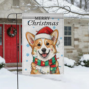Personalized Dog Garden Flag: Christmas Corgi Design with Santa Hat & Scarf