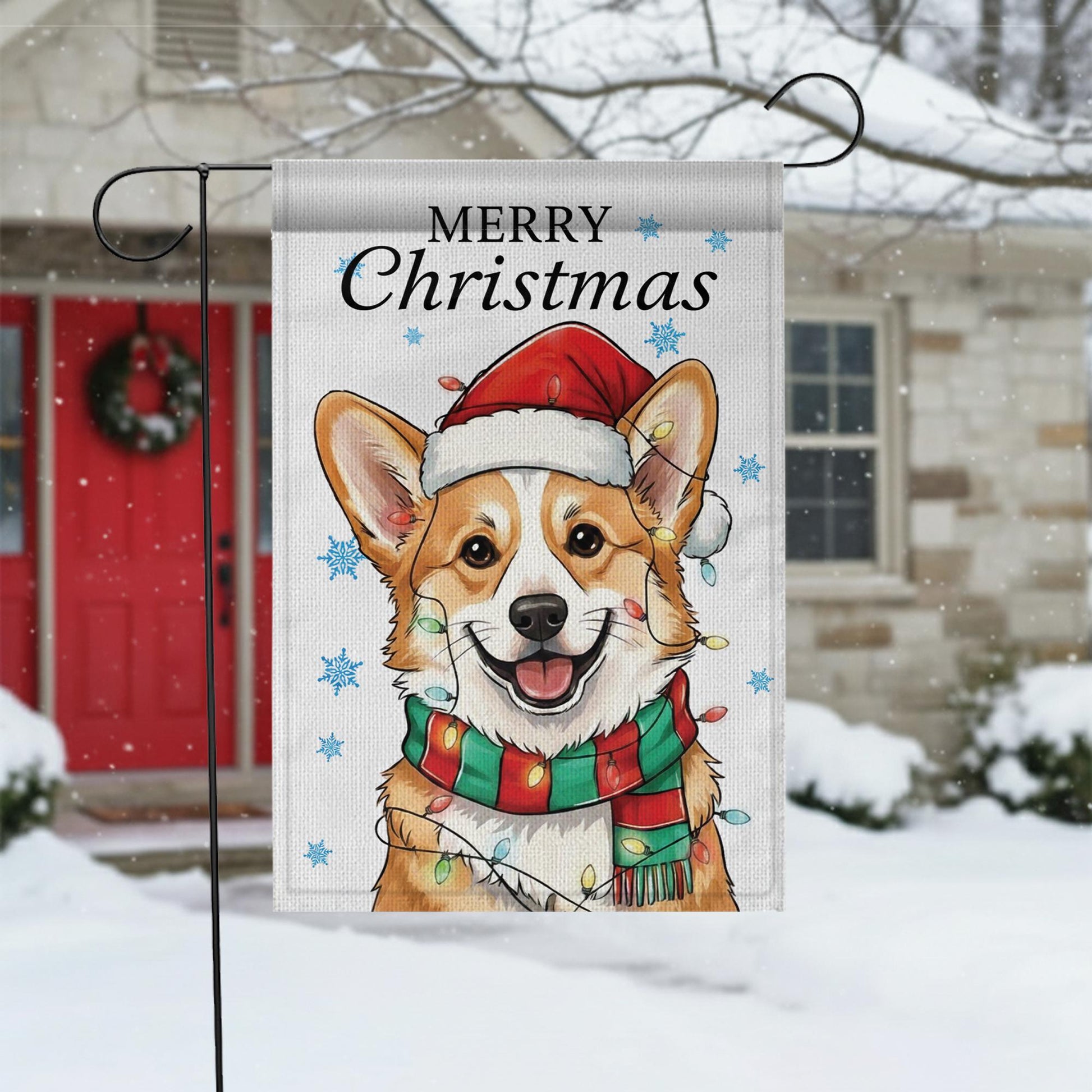 Personalized Dog Garden Flag: Christmas Corgi Design with Santa Hat & Scarf