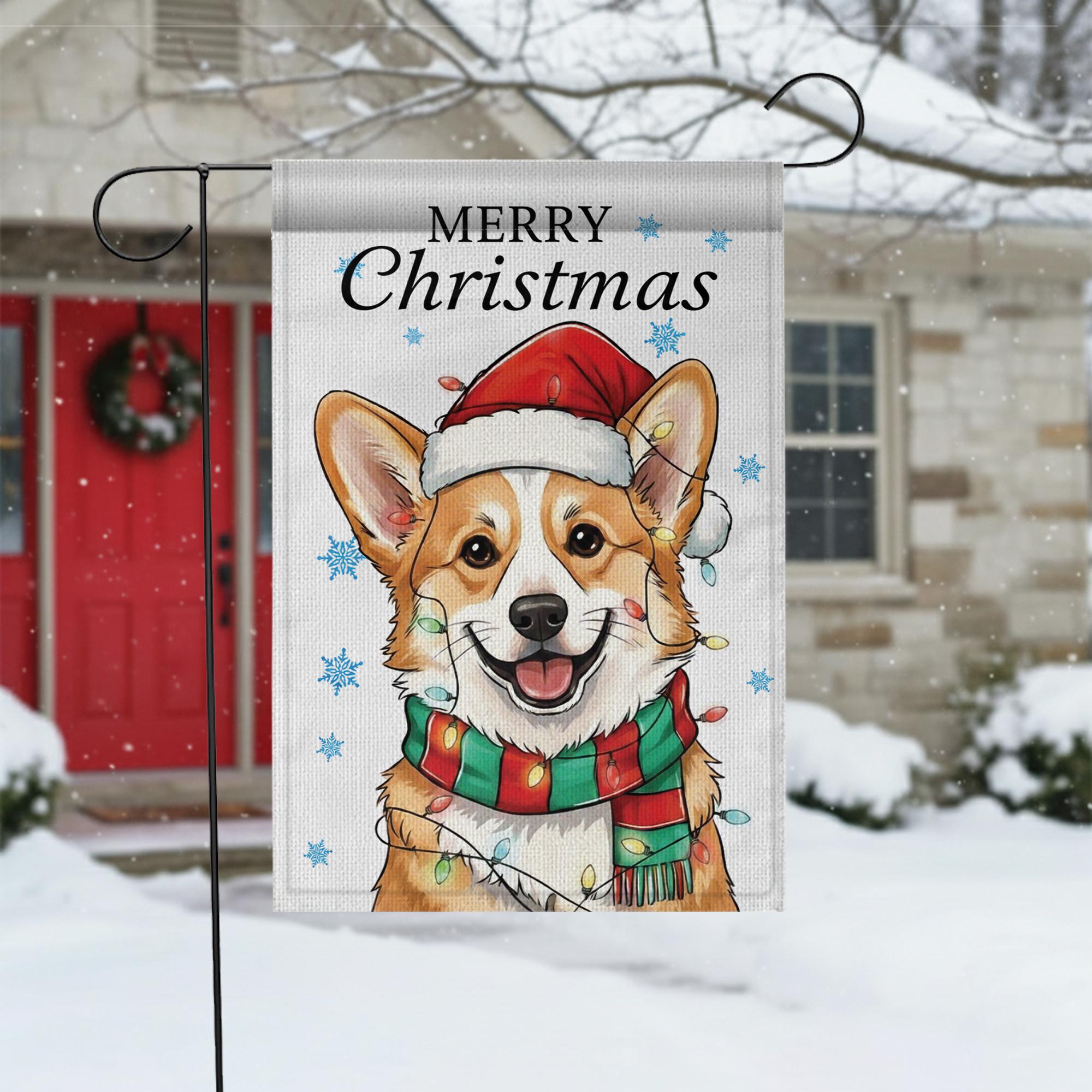 Personalized Dog Garden Flag: Christmas Corgi Design with Santa Hat & Scarf