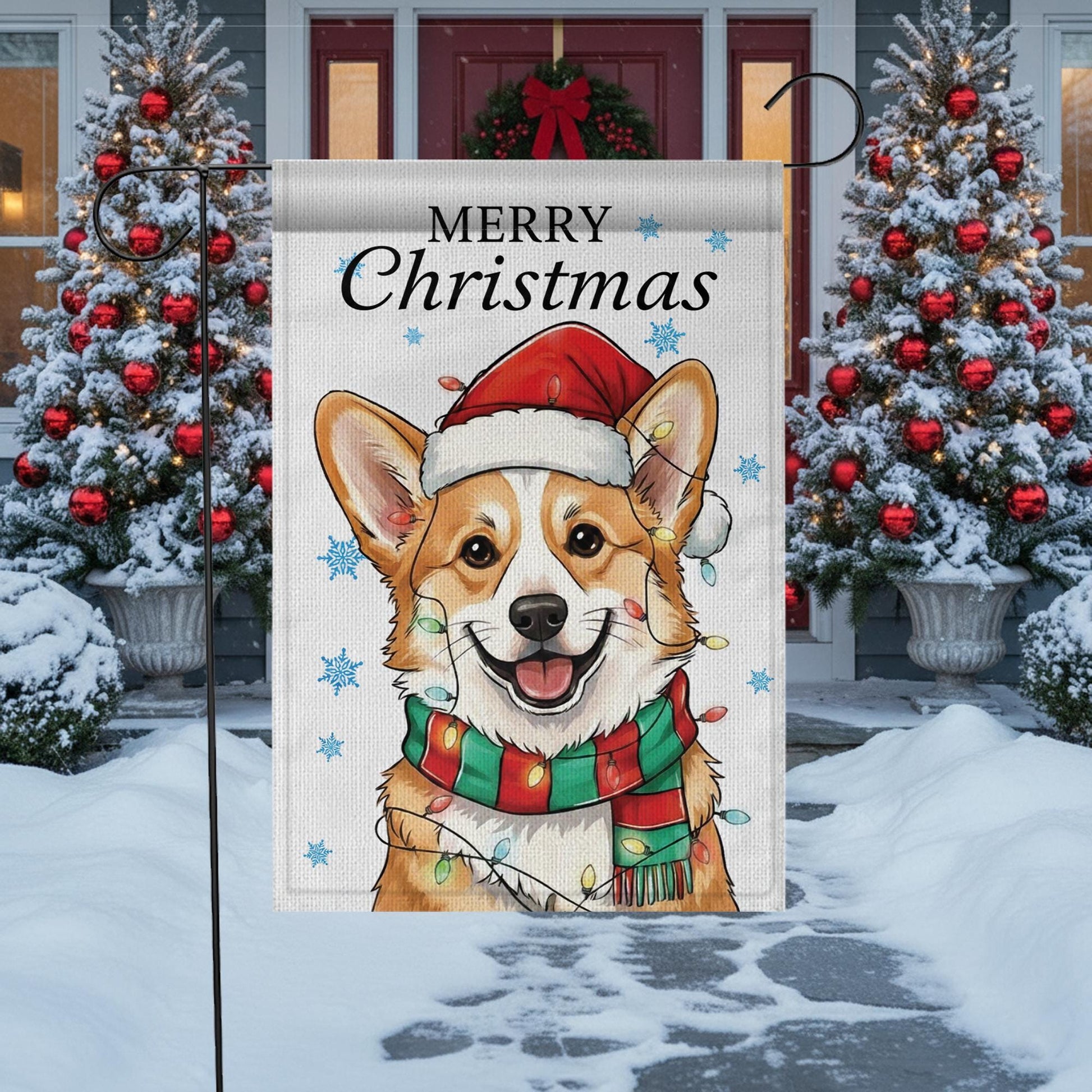 Personalized Dog Garden Flag: Christmas Corgi Design with Santa Hat & Scarf