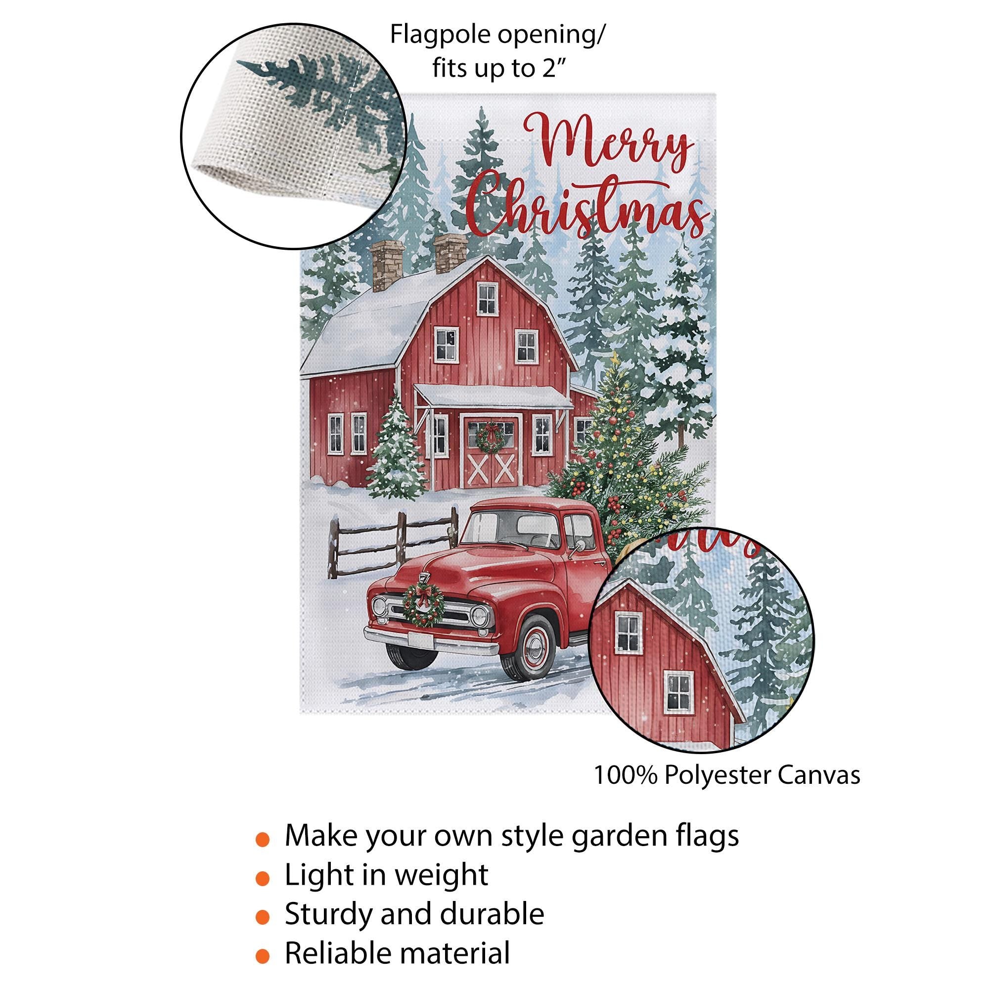 Christmas Garden Flag: Red Barn with Vintage Truck and Dog