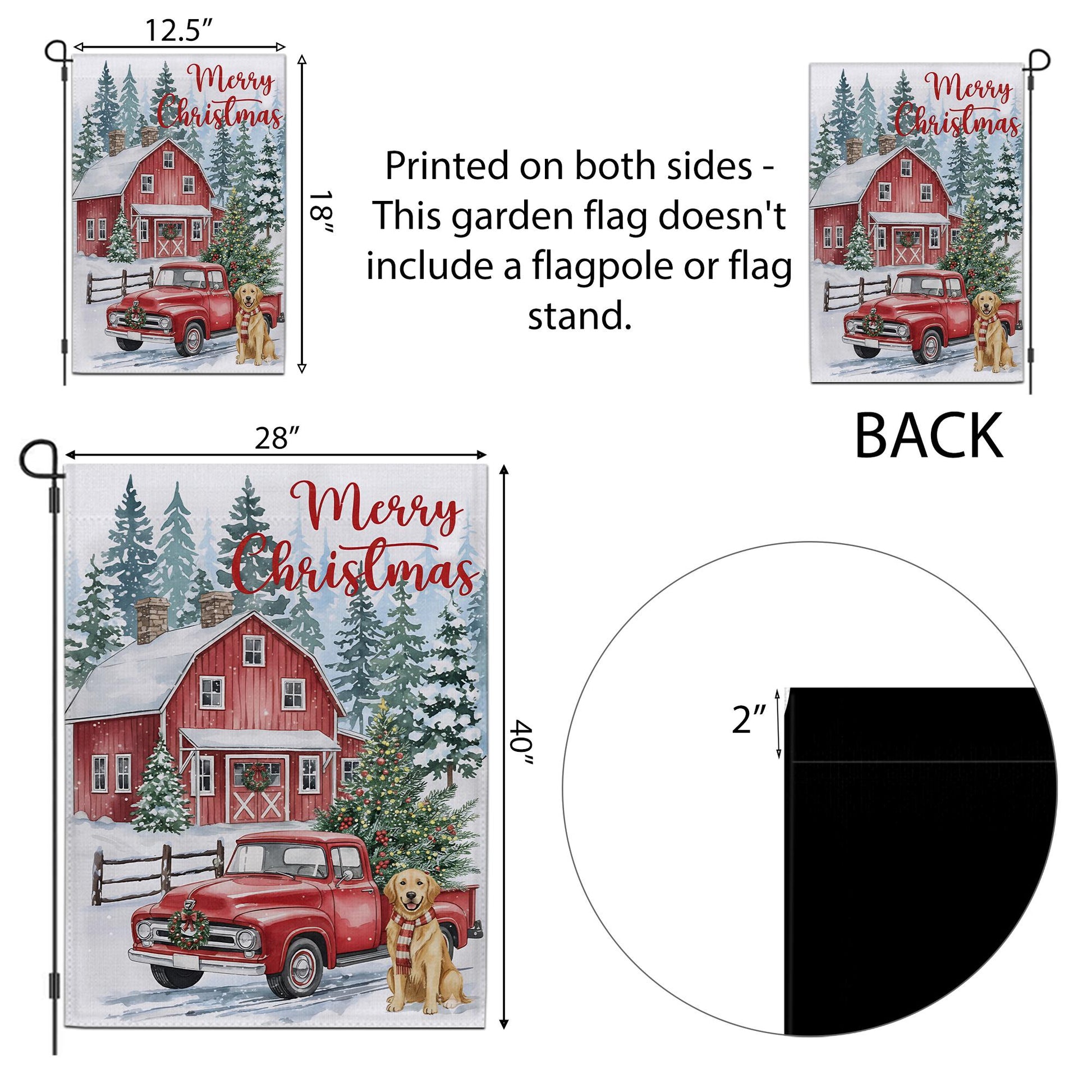 Christmas Garden Flag: Red Barn with Vintage Truck and Dog