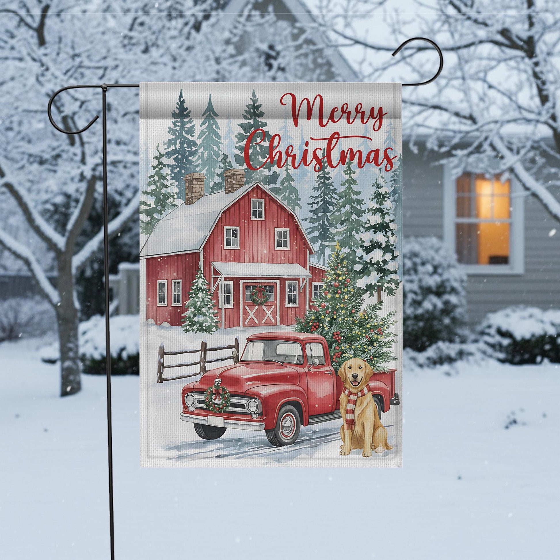 Christmas Garden Flag: Red Barn with Vintage Truck and Dog