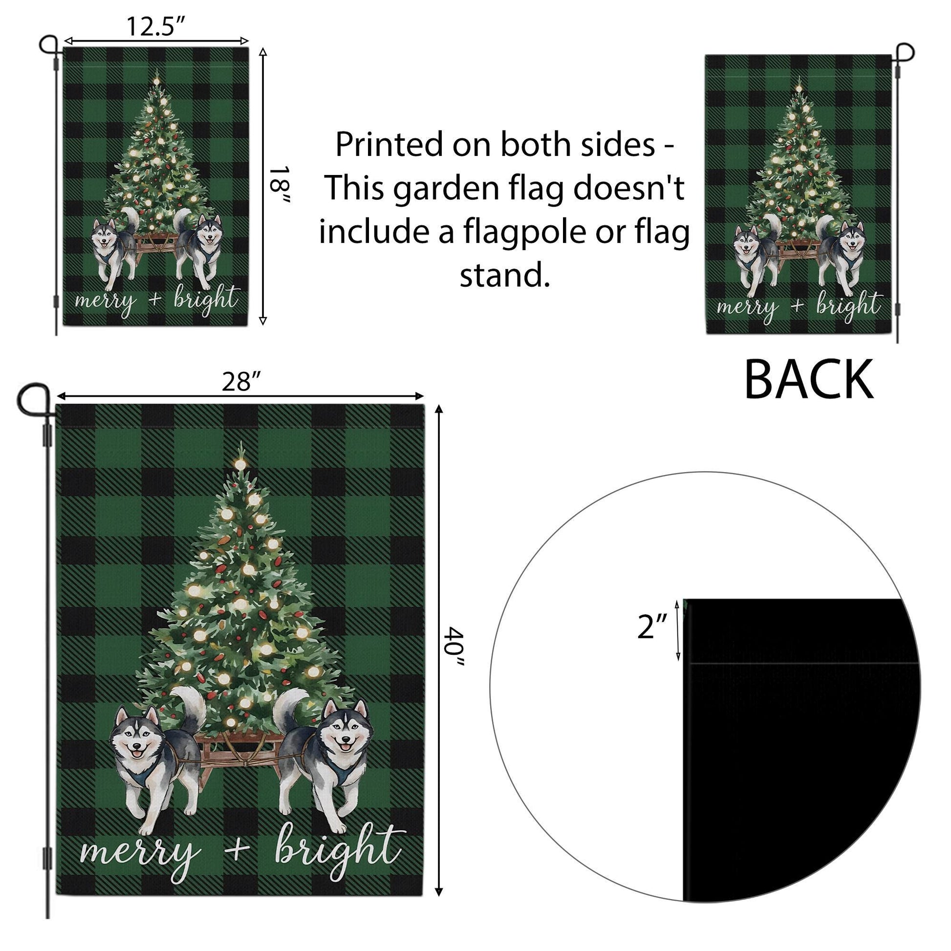 Green Plaid Christmas Garden Flag with Husky Dogs - Winter Holiday Decor