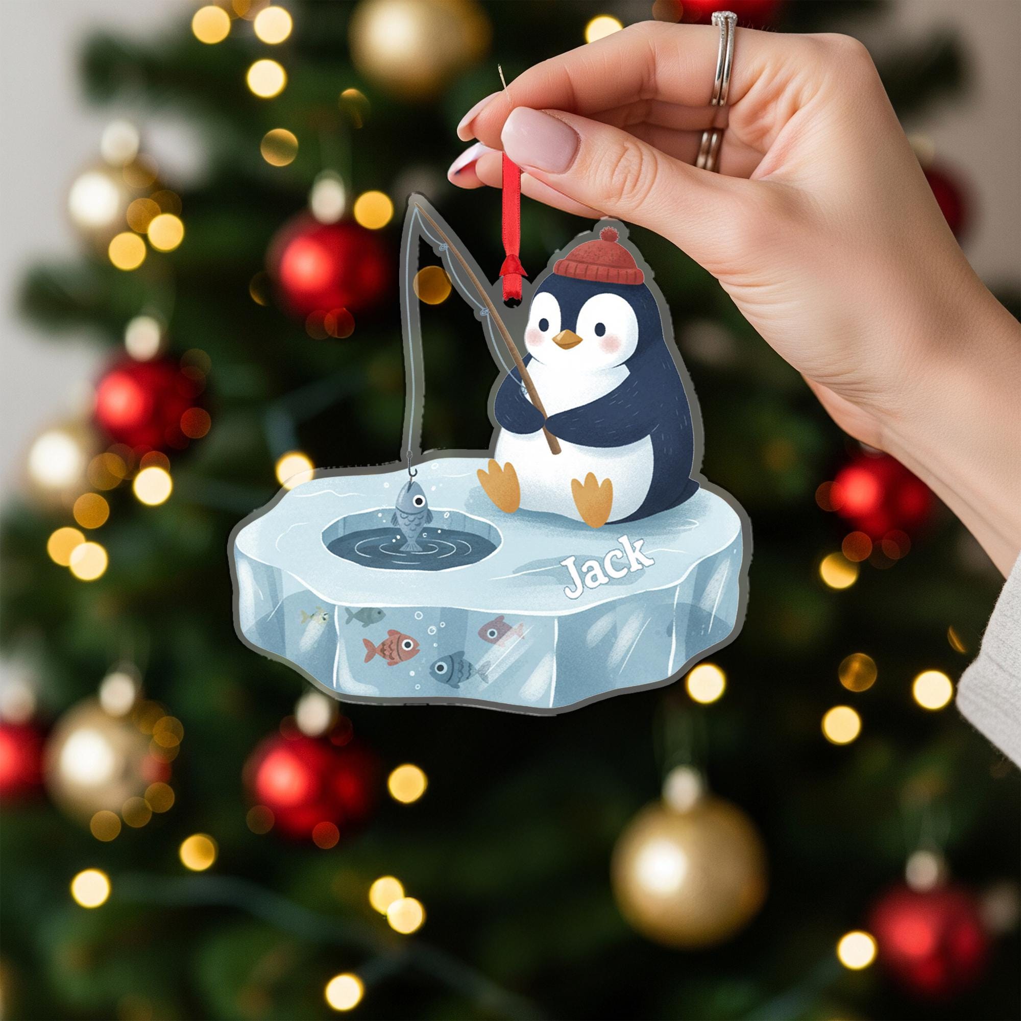 Personalized Penguin Christmas Ornament – Acrylic Hanging Decoration with Ice Fishing Design