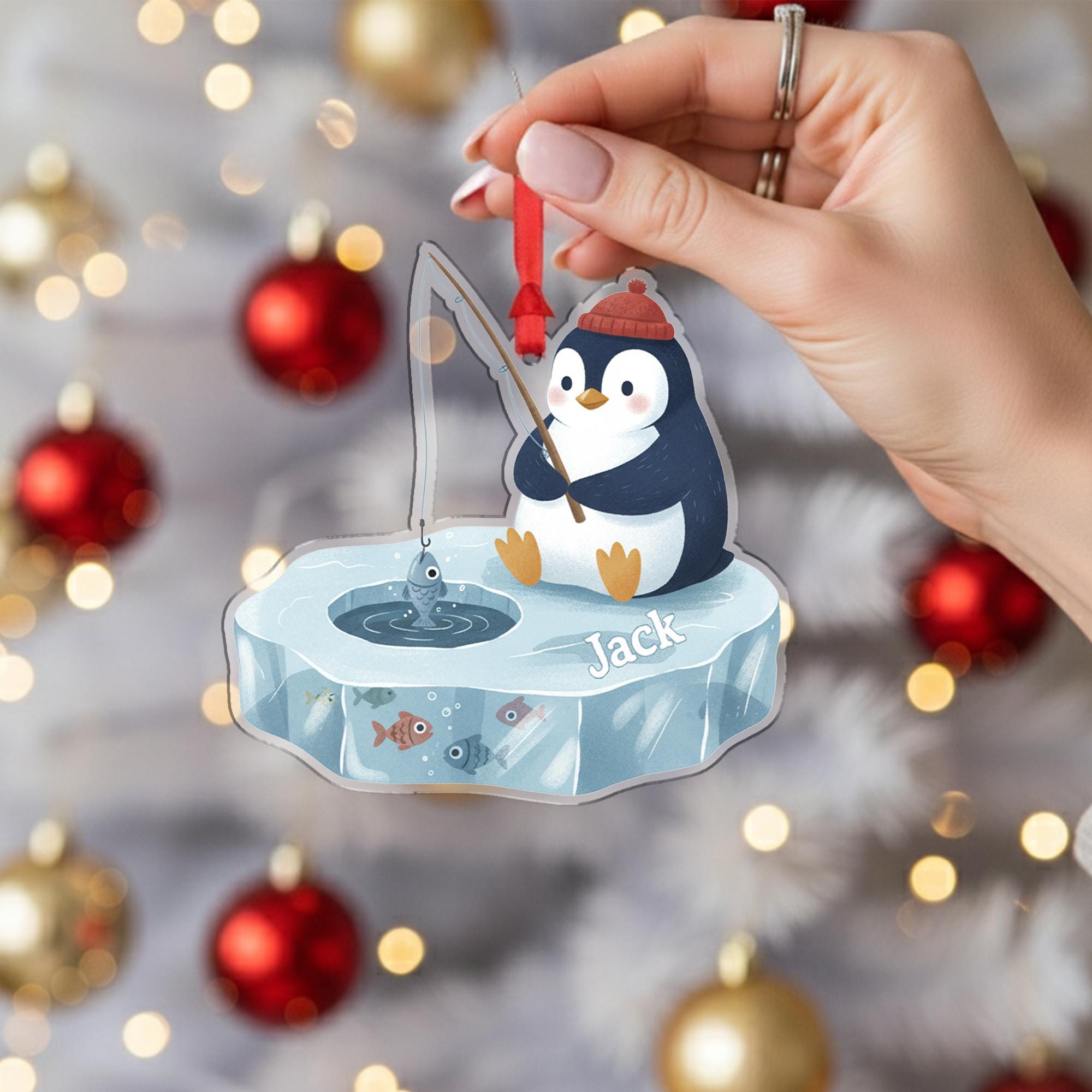 Personalized Penguin Christmas Ornament – Acrylic Hanging Decoration with Ice Fishing Design