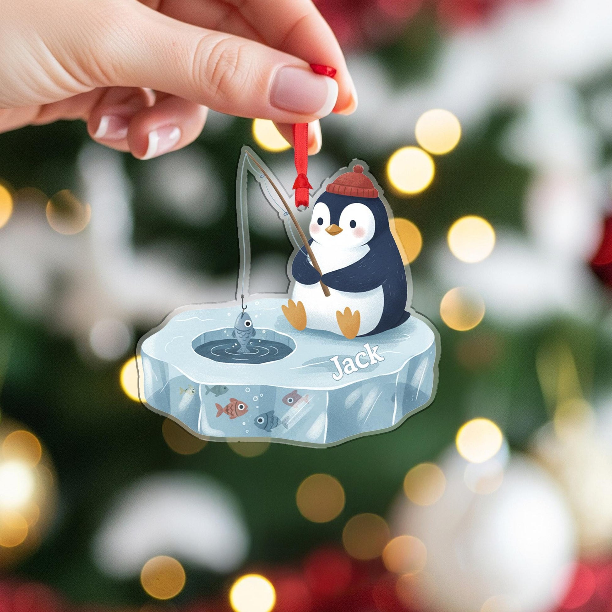 Personalized Penguin Christmas Ornament – Acrylic Hanging Decoration with Ice Fishing Design