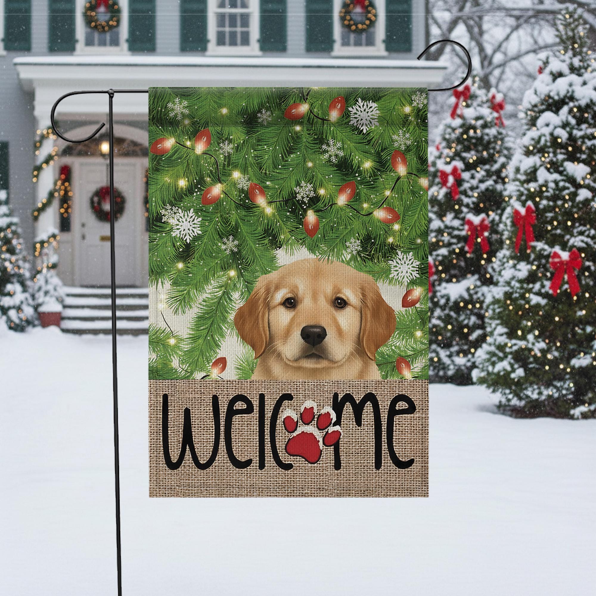 Christmas Garden Flag with Golden Retriever Puppy and Welcome Paw Print, Holiday Yard Decoration