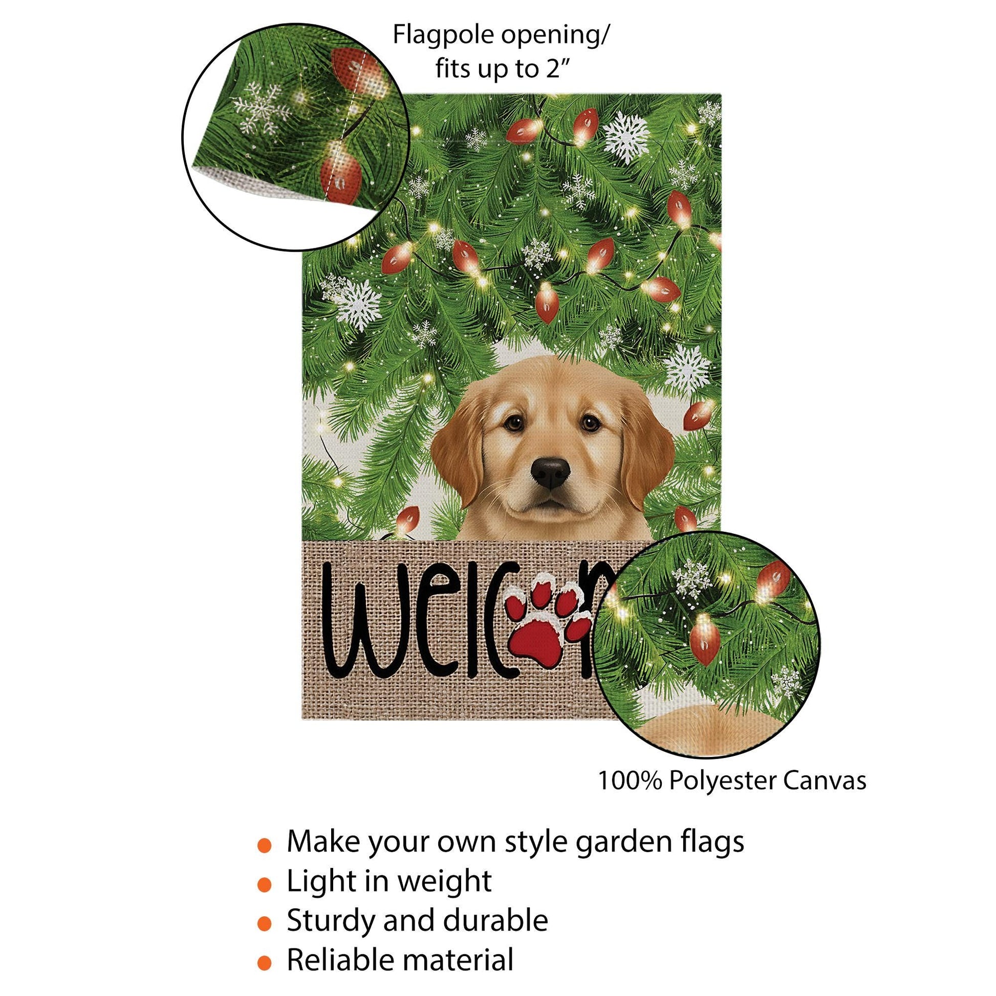 Christmas Garden Flag with Golden Retriever Puppy and Welcome Paw Print, Holiday Yard Decoration