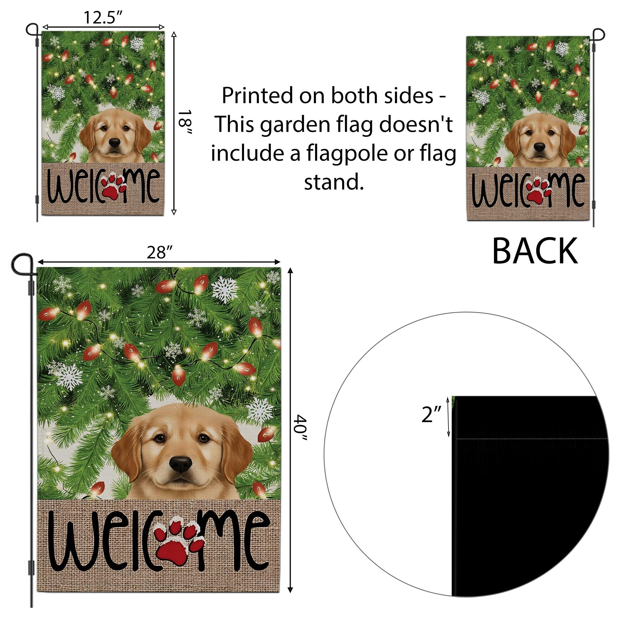 Christmas Garden Flag with Golden Retriever Puppy and Welcome Paw Print, Holiday Yard Decoration