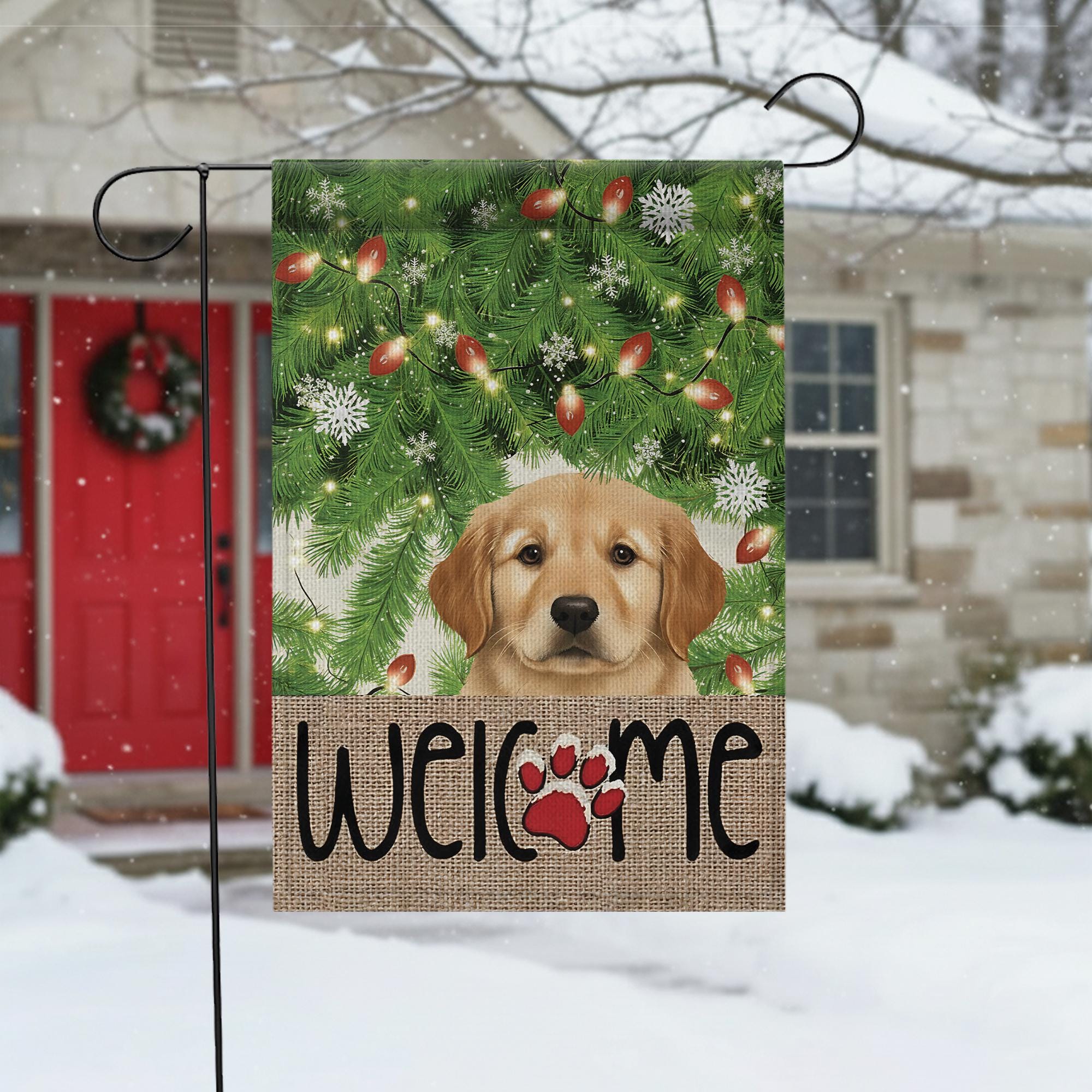 Christmas Garden Flag with Golden Retriever Puppy and Welcome Paw Print, Holiday Yard Decoration