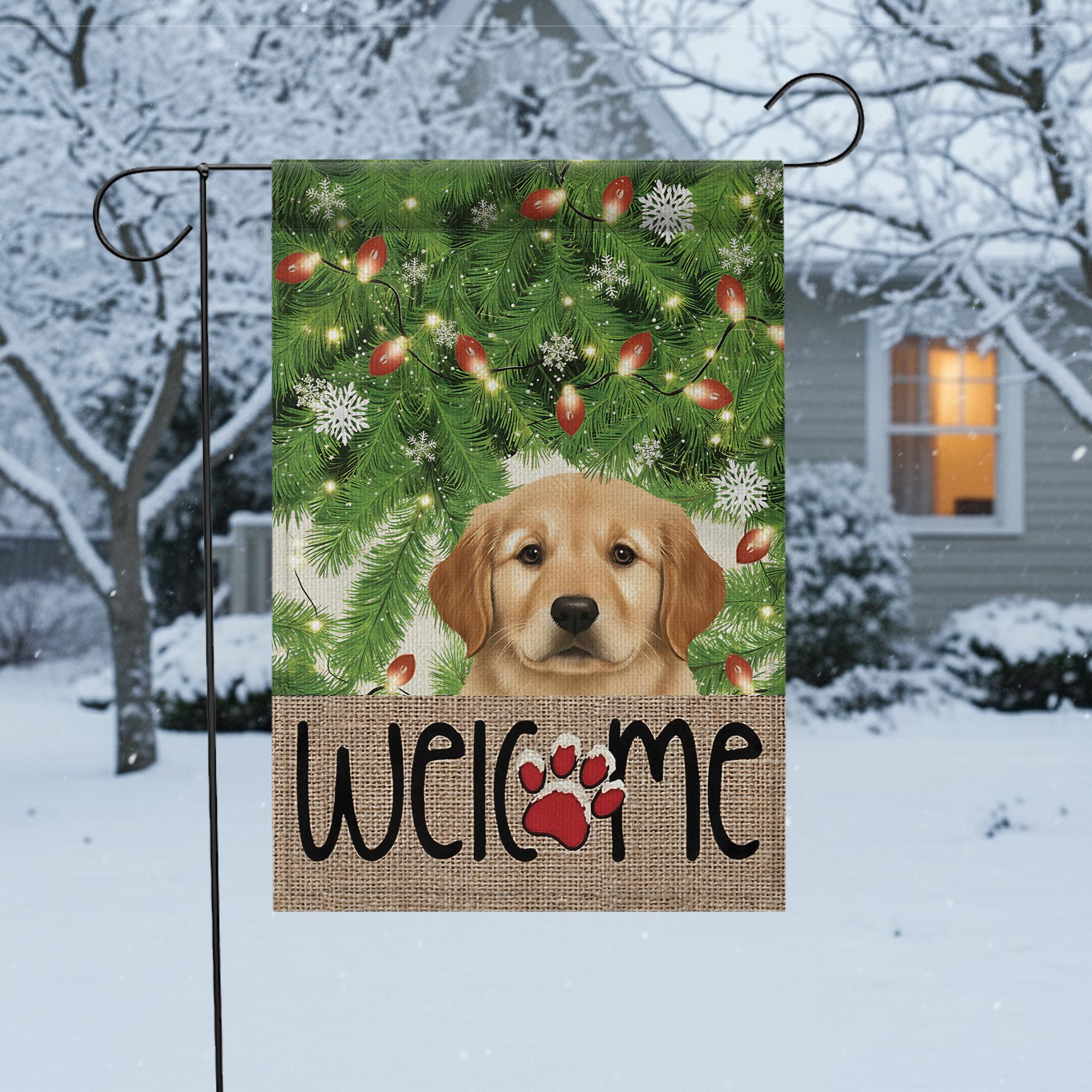 Christmas Garden Flag with Golden Retriever Puppy and Welcome Paw Print, Holiday Yard Decoration