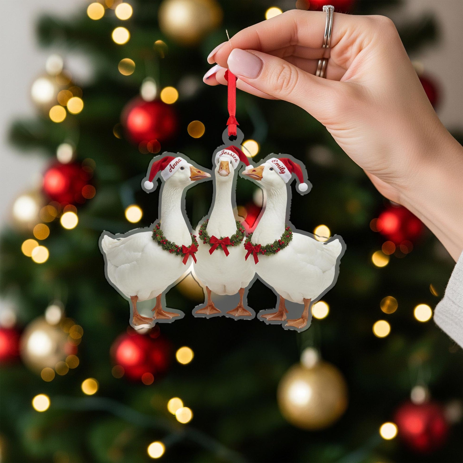 Personalized Goose Christmas Ornament – Acrylic Hanging Decoration with Santa Hat and Wreath Design