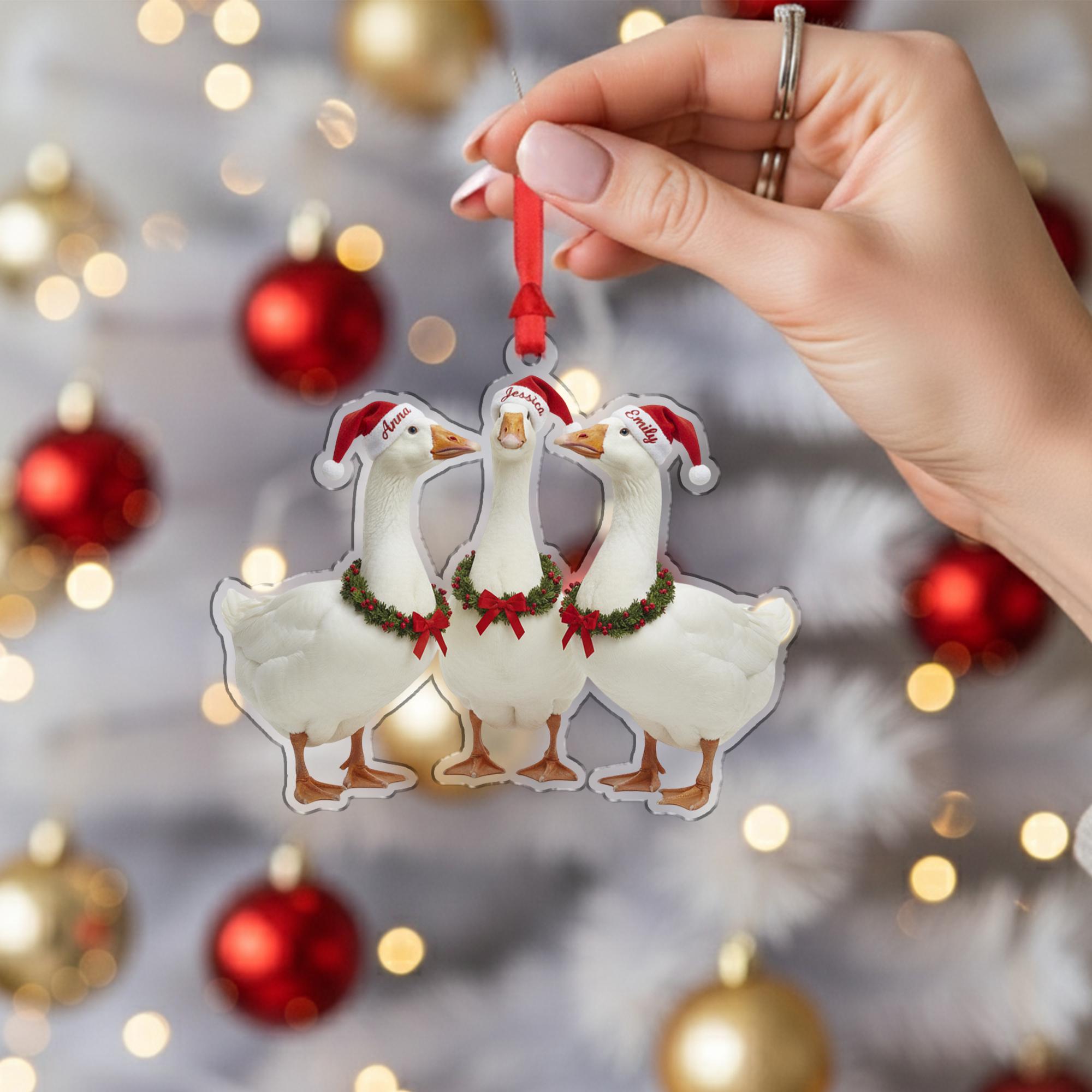Personalized Goose Christmas Ornament – Acrylic Hanging Decoration with Santa Hat and Wreath Design