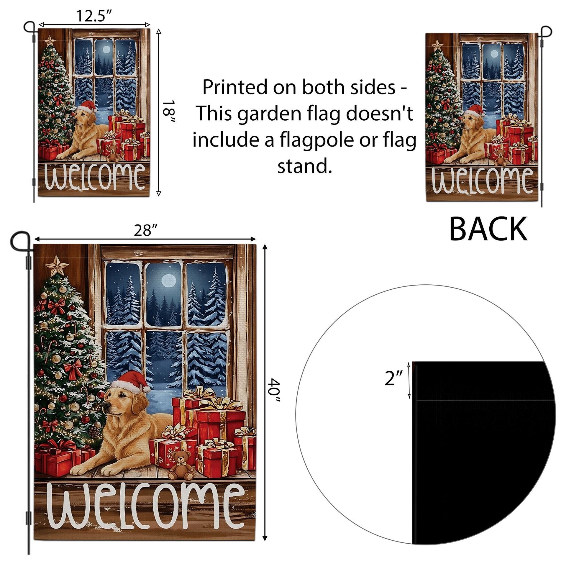 Golden Retriever Christmas Flag: Holiday Window Scene, Pine Tree Decor