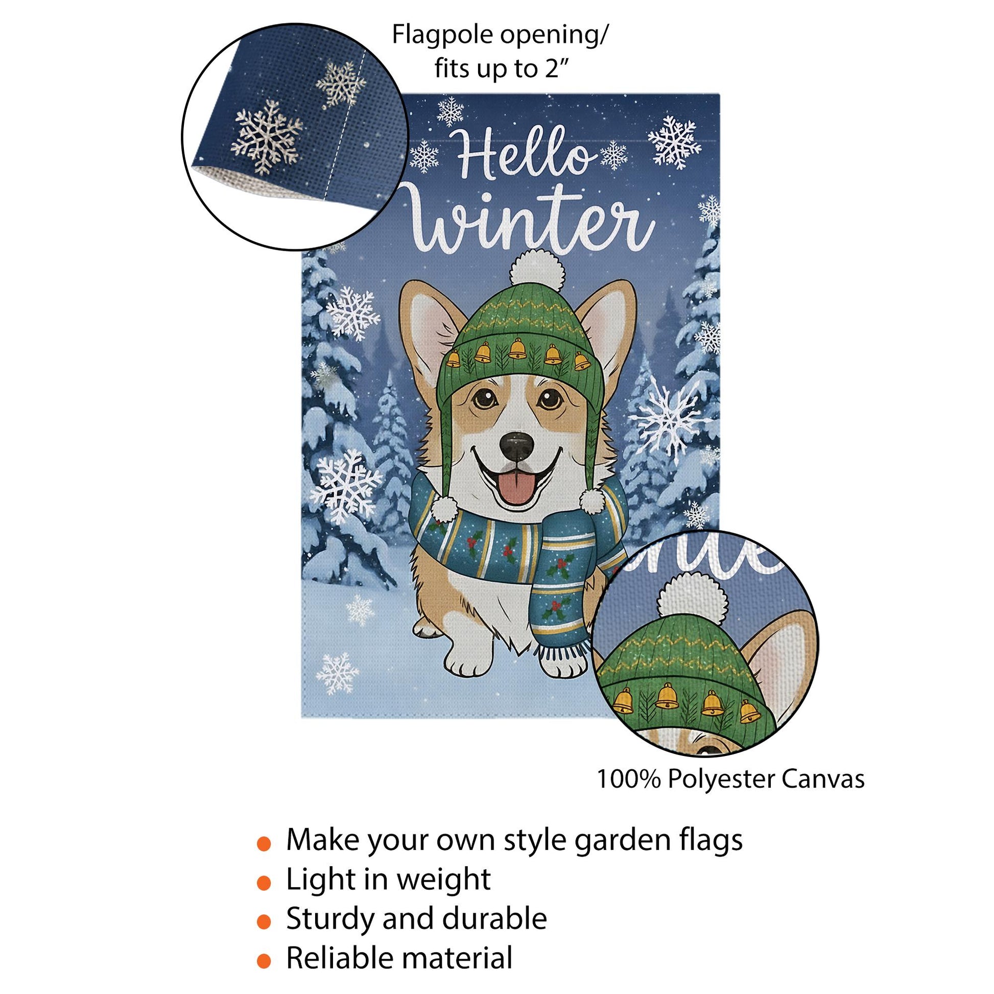 Winter Corgi Garden Flag – Seasonal Outdoor Yard Decor with Dog, Snowflakes, and Trees