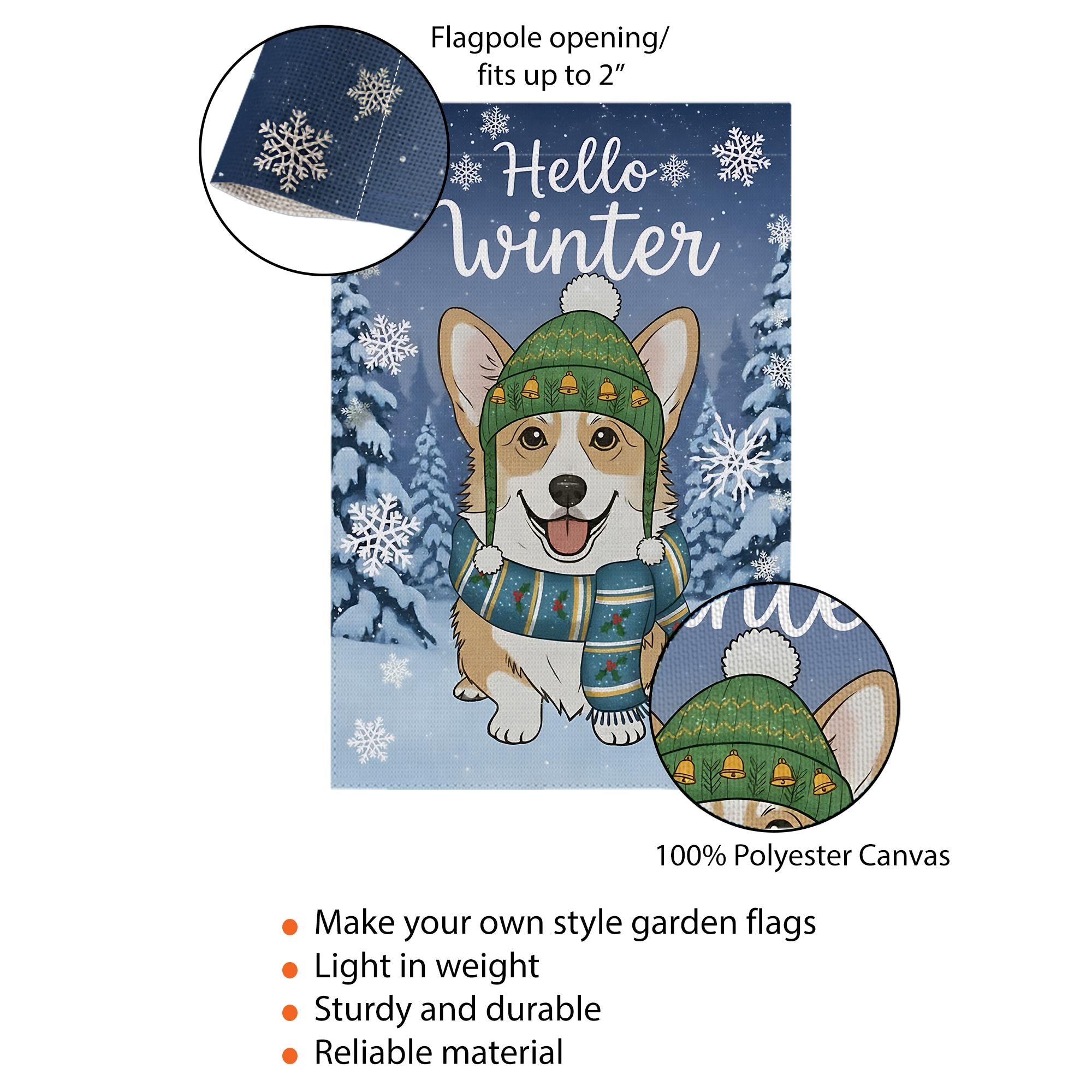 Winter Corgi Garden Flag – Seasonal Outdoor Yard Decor with Dog, Snowflakes, and Trees