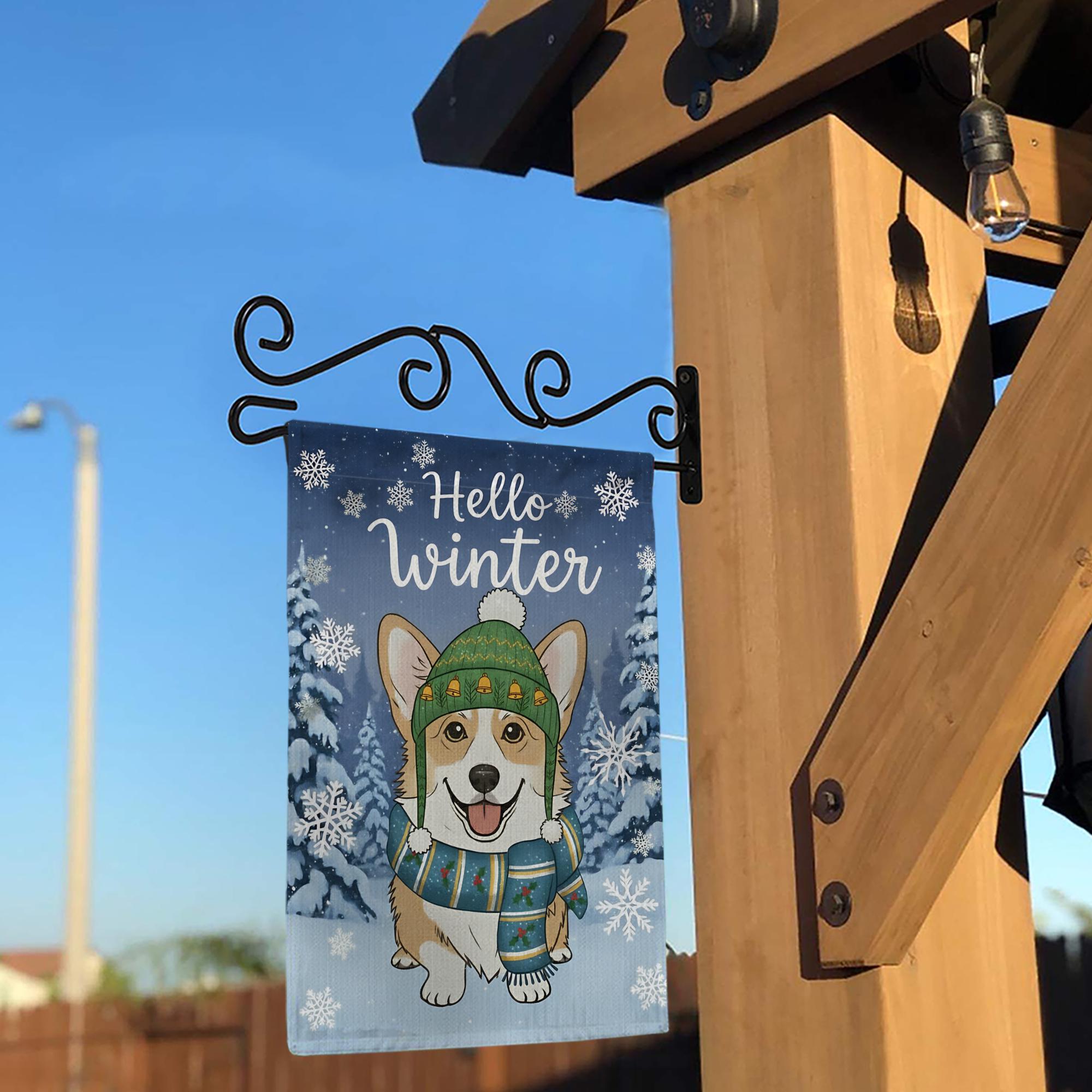 Winter Corgi Garden Flag – Seasonal Outdoor Yard Decor with Dog, Snowflakes, and Trees