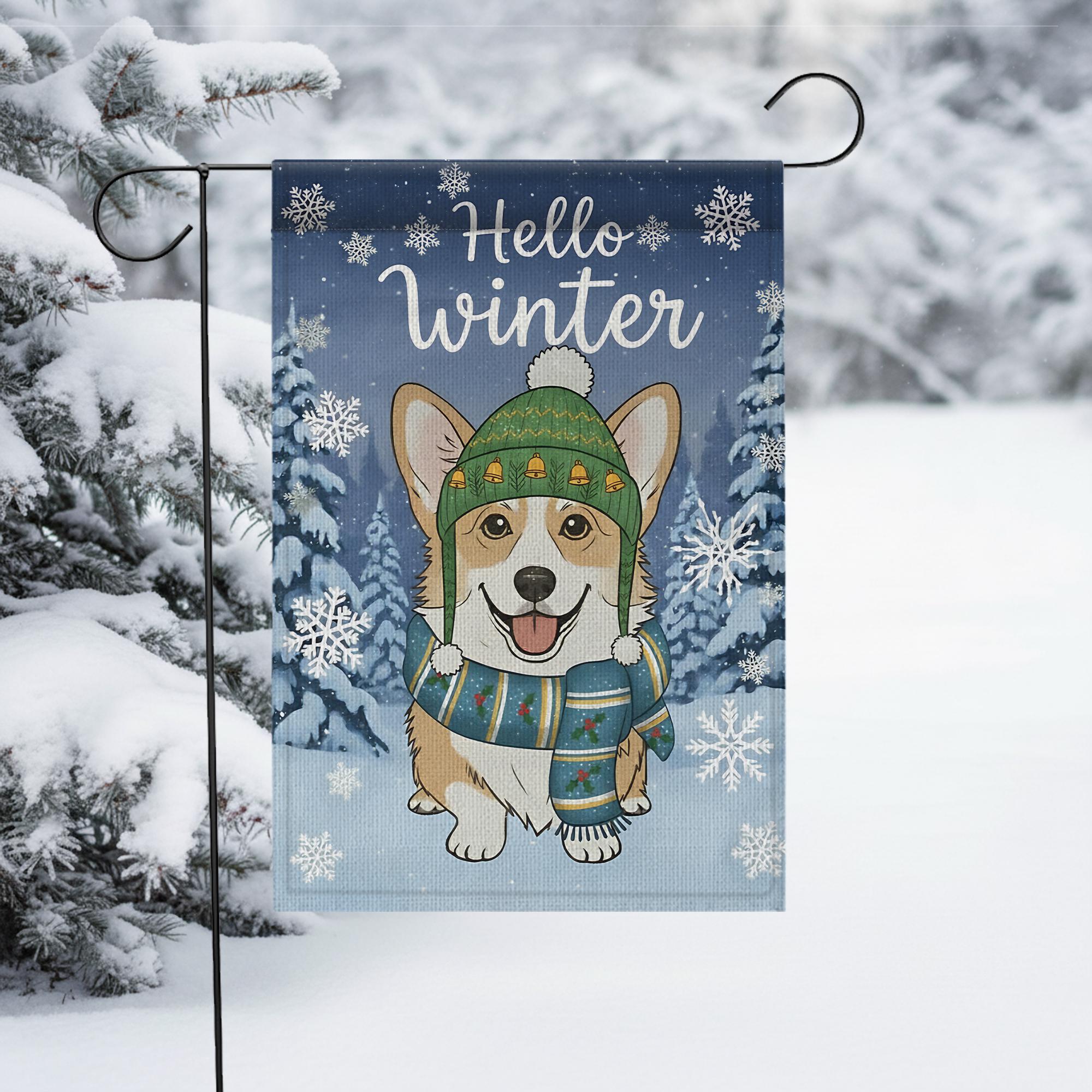 Winter Corgi Garden Flag – Seasonal Outdoor Yard Decor with Dog, Snowflakes, and Trees