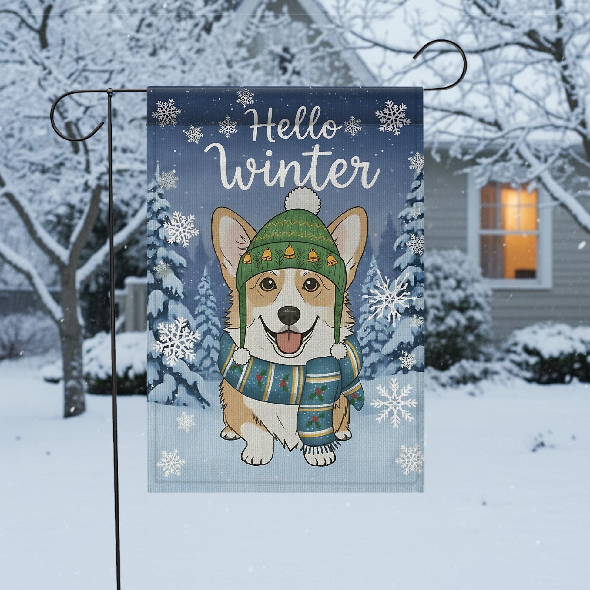 Winter Corgi Garden Flag – Seasonal Outdoor Yard Decor with Dog, Snowflakes, and Trees