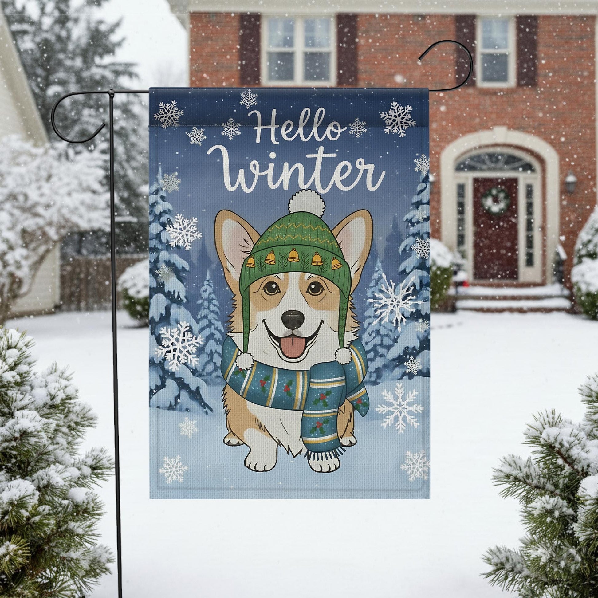Winter Corgi Garden Flag – Seasonal Outdoor Yard Decor with Dog, Snowflakes, and Trees