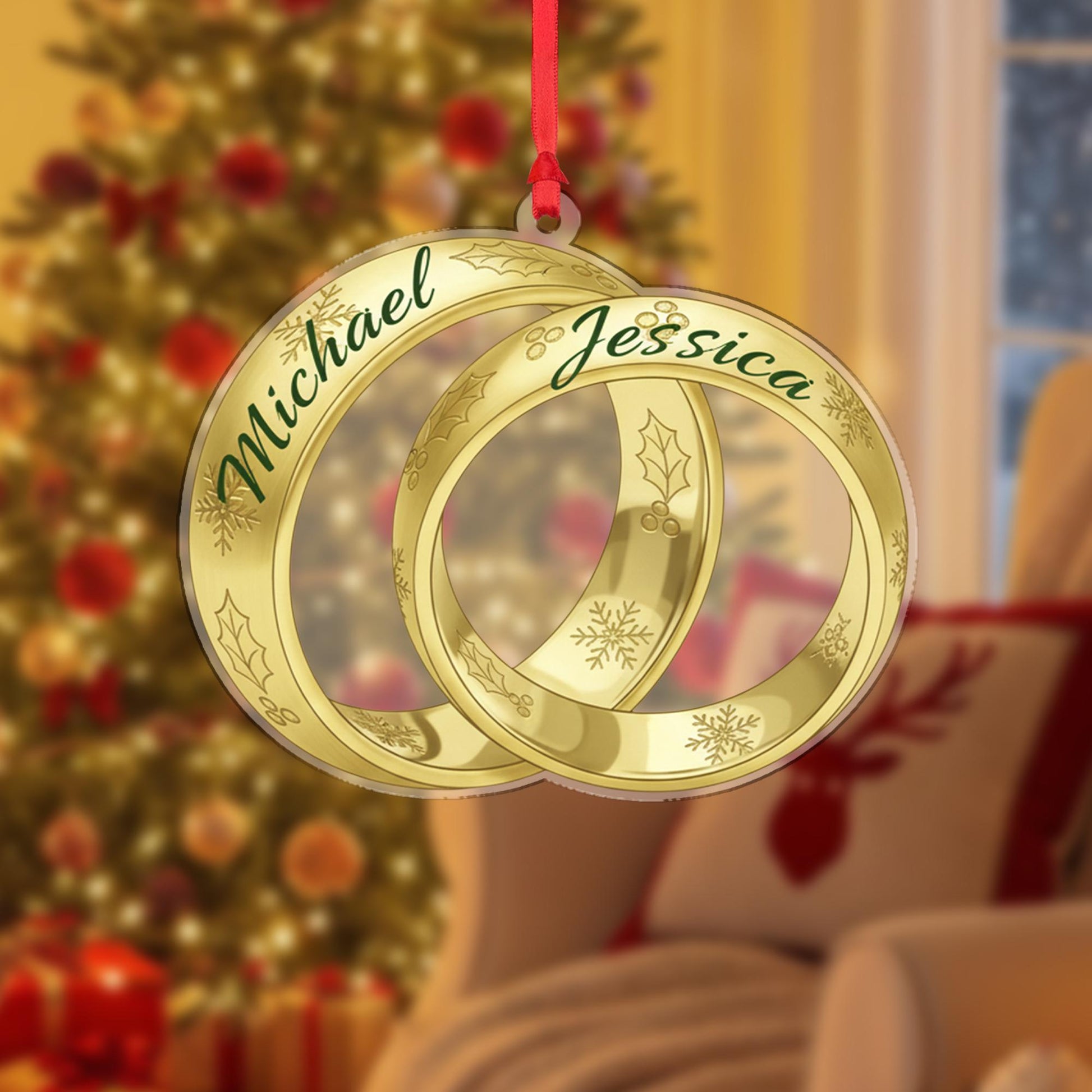 Personalized Wedding Rings Christmas Ornament – Acrylic Hanging Decoration with Gold Interlocking Design