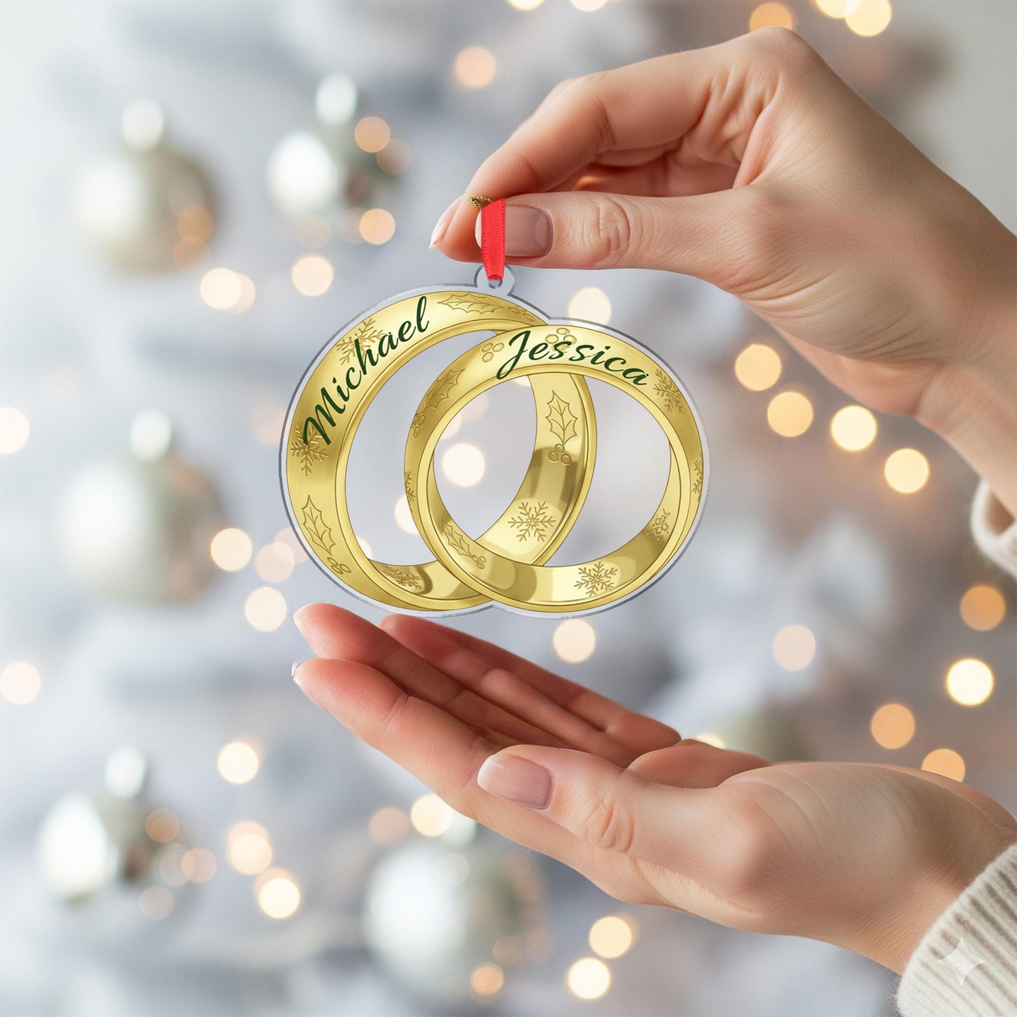 Personalized Wedding Rings Christmas Ornament – Acrylic Hanging Decoration with Gold Interlocking Design