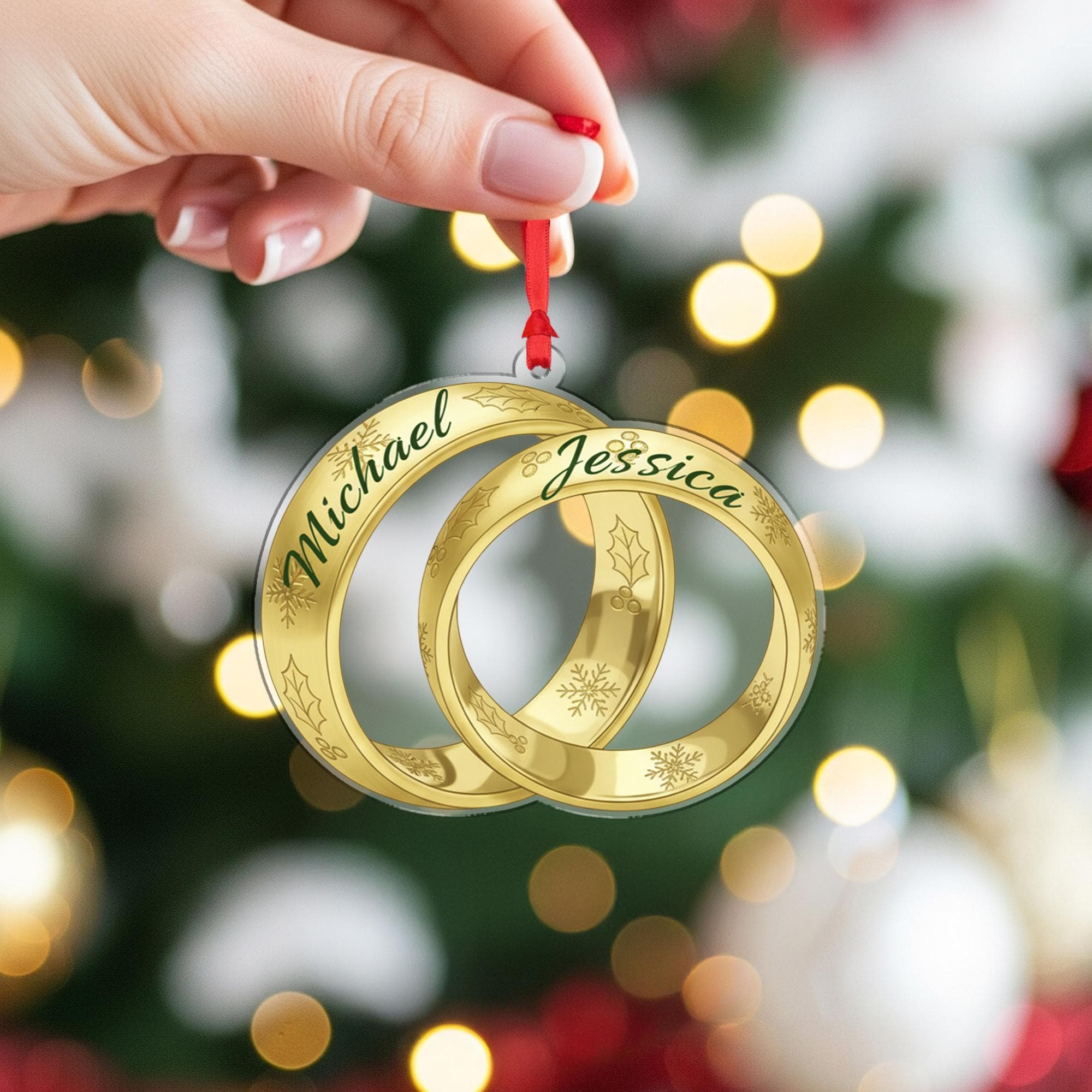 Personalized Wedding Rings Christmas Ornament – Acrylic Hanging Decoration with Gold Interlocking Design